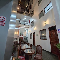 Dining area for breakfast and elevator to your room or rooftop area.