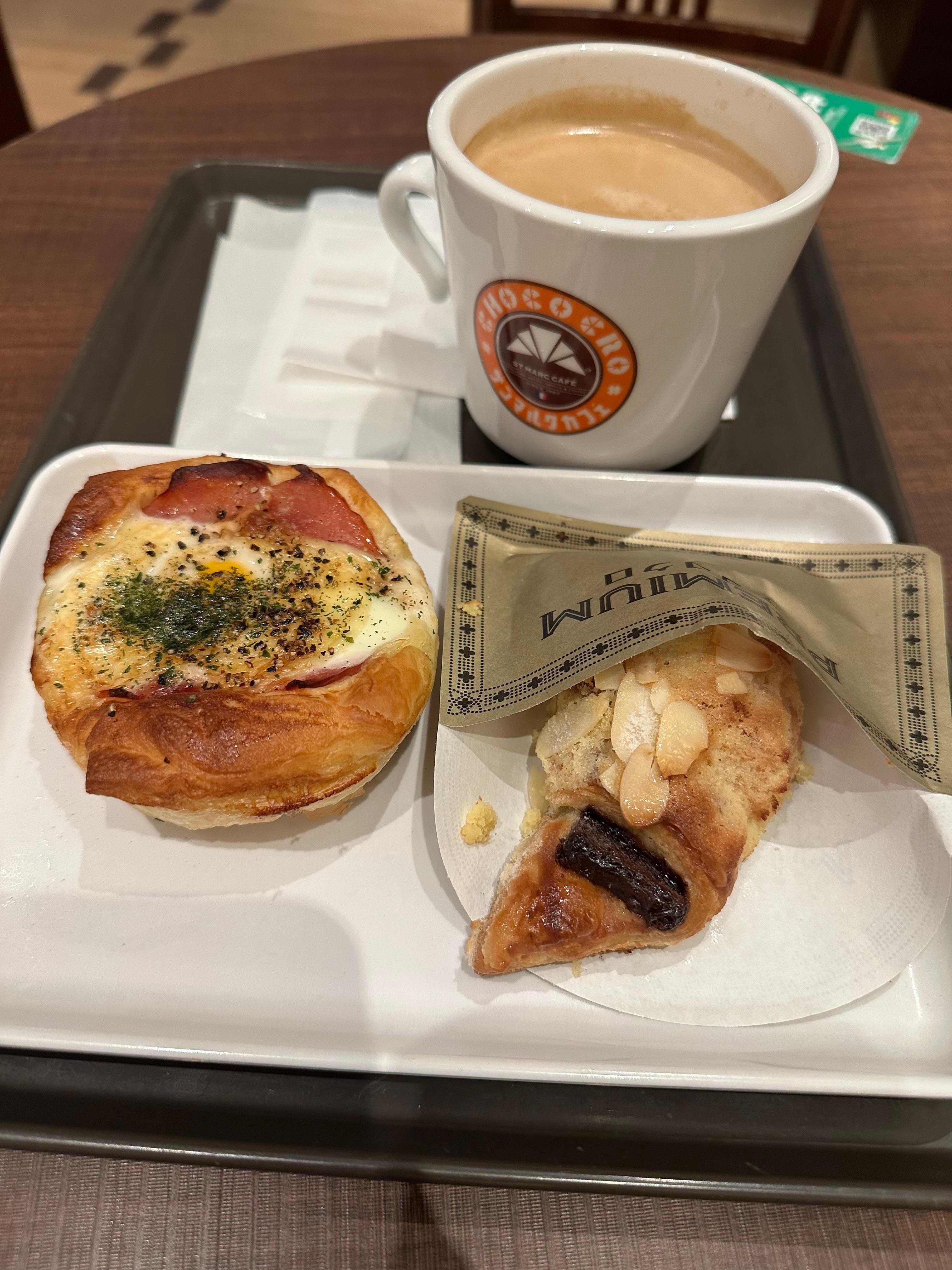 Cafe downstairs on the corner. 