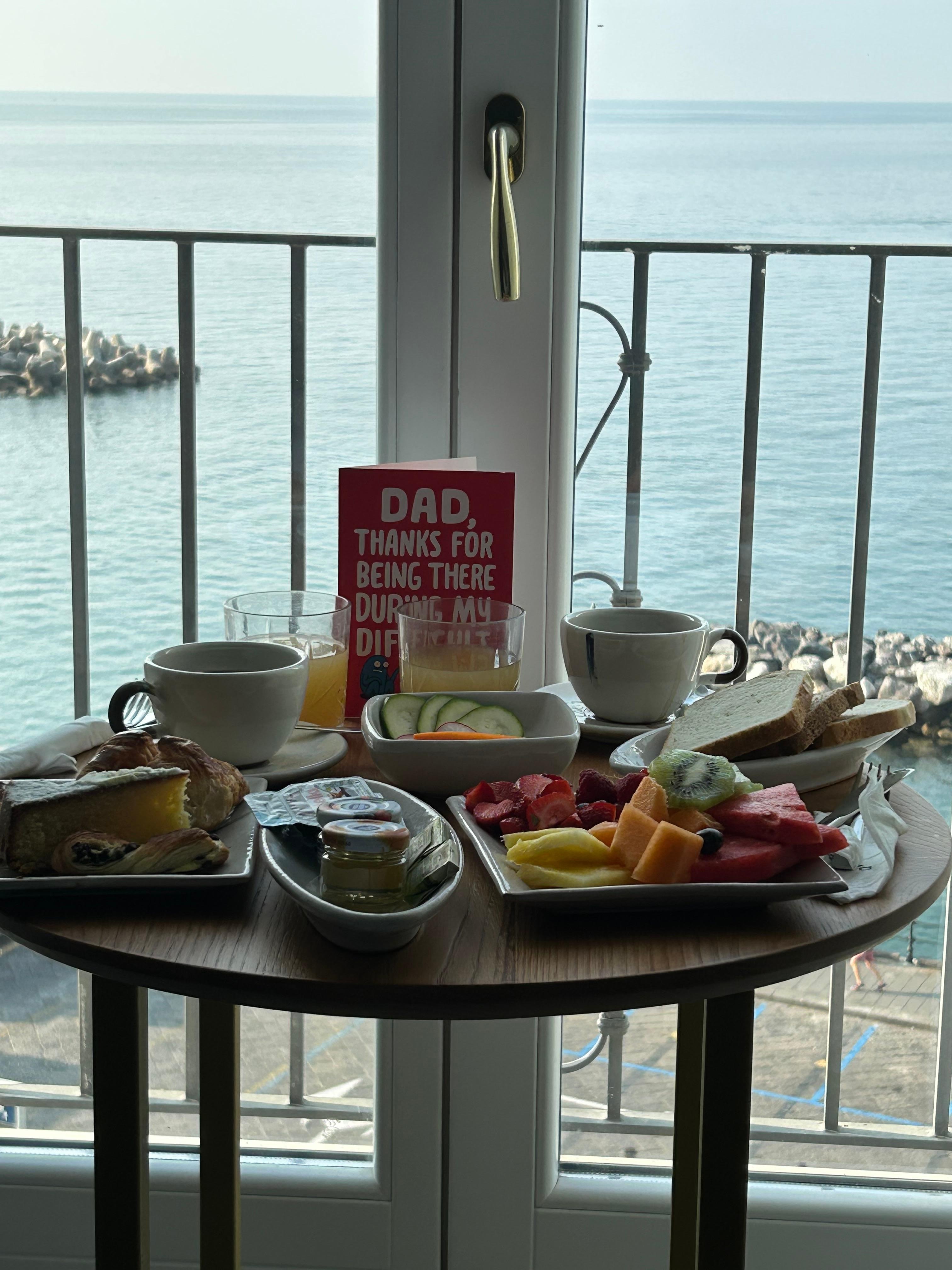 In room breakfast at Palazzo Vitagliano - view overlooking Marina (Fathers Day card not included in breakfast 🙂)