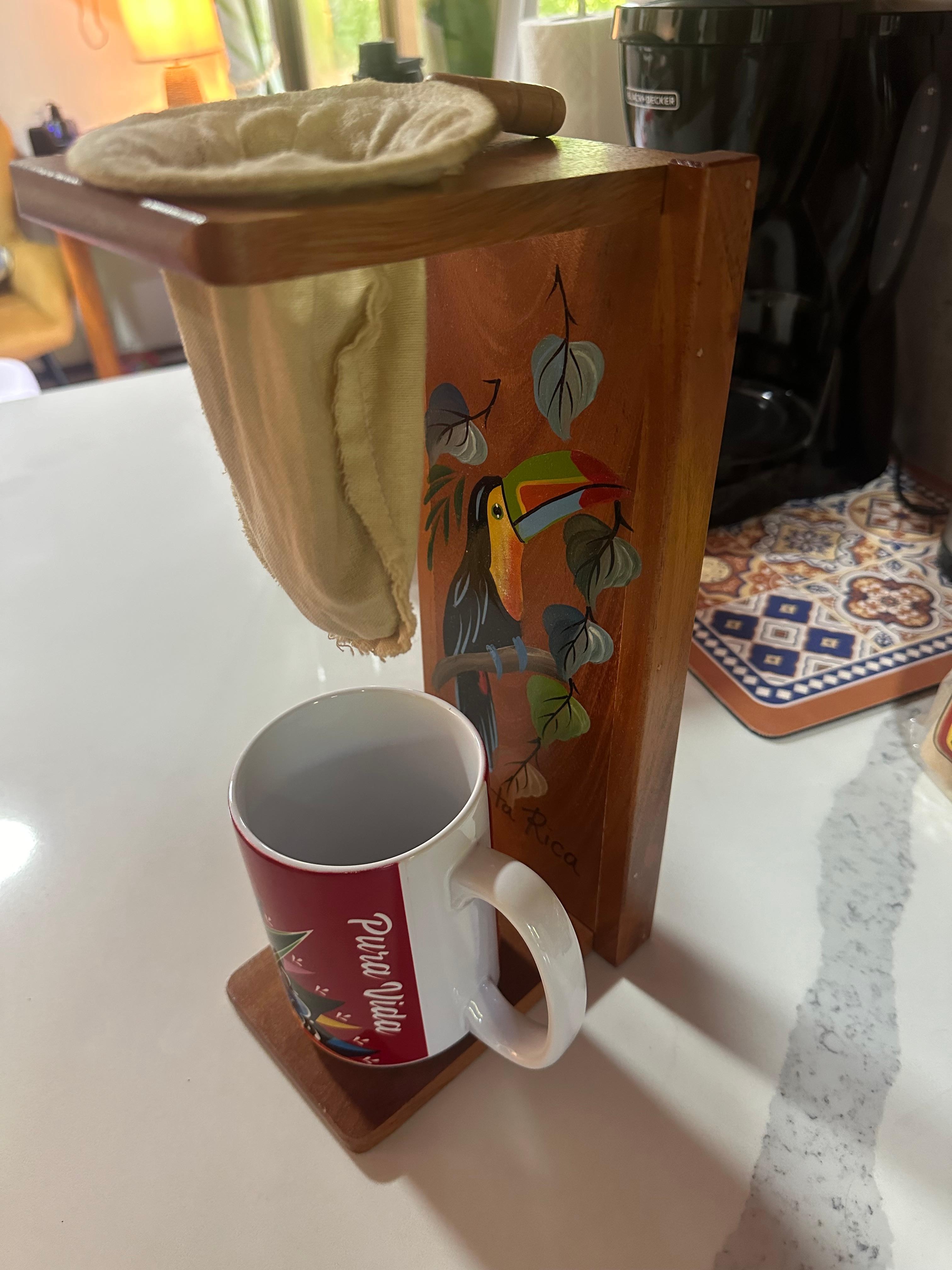 A chorreador - a traditional Costa Rican coffee maker - was provided by the hosts as well as a grinder and standard coffee pot.