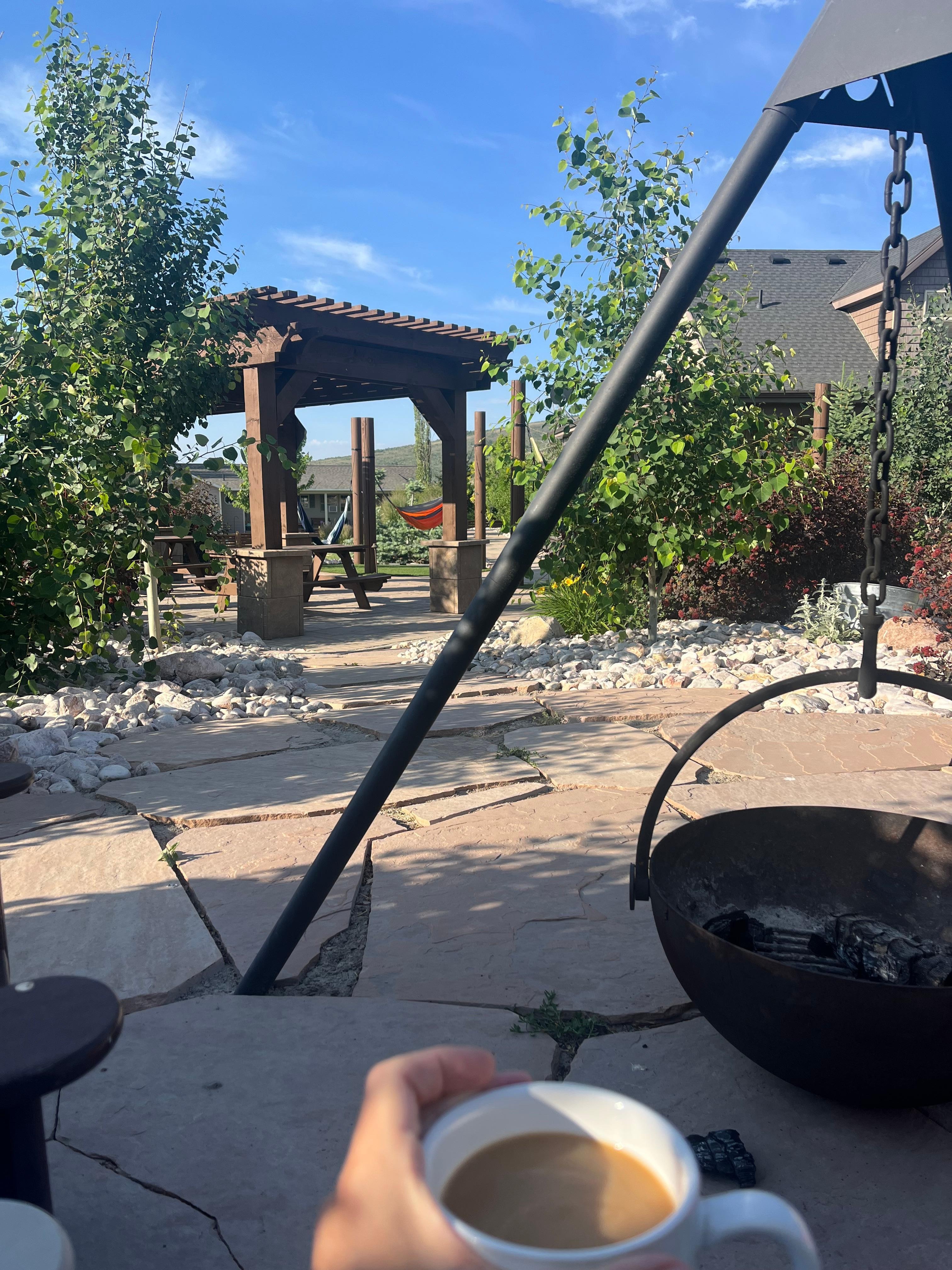 Morning coffee by the fire pit.