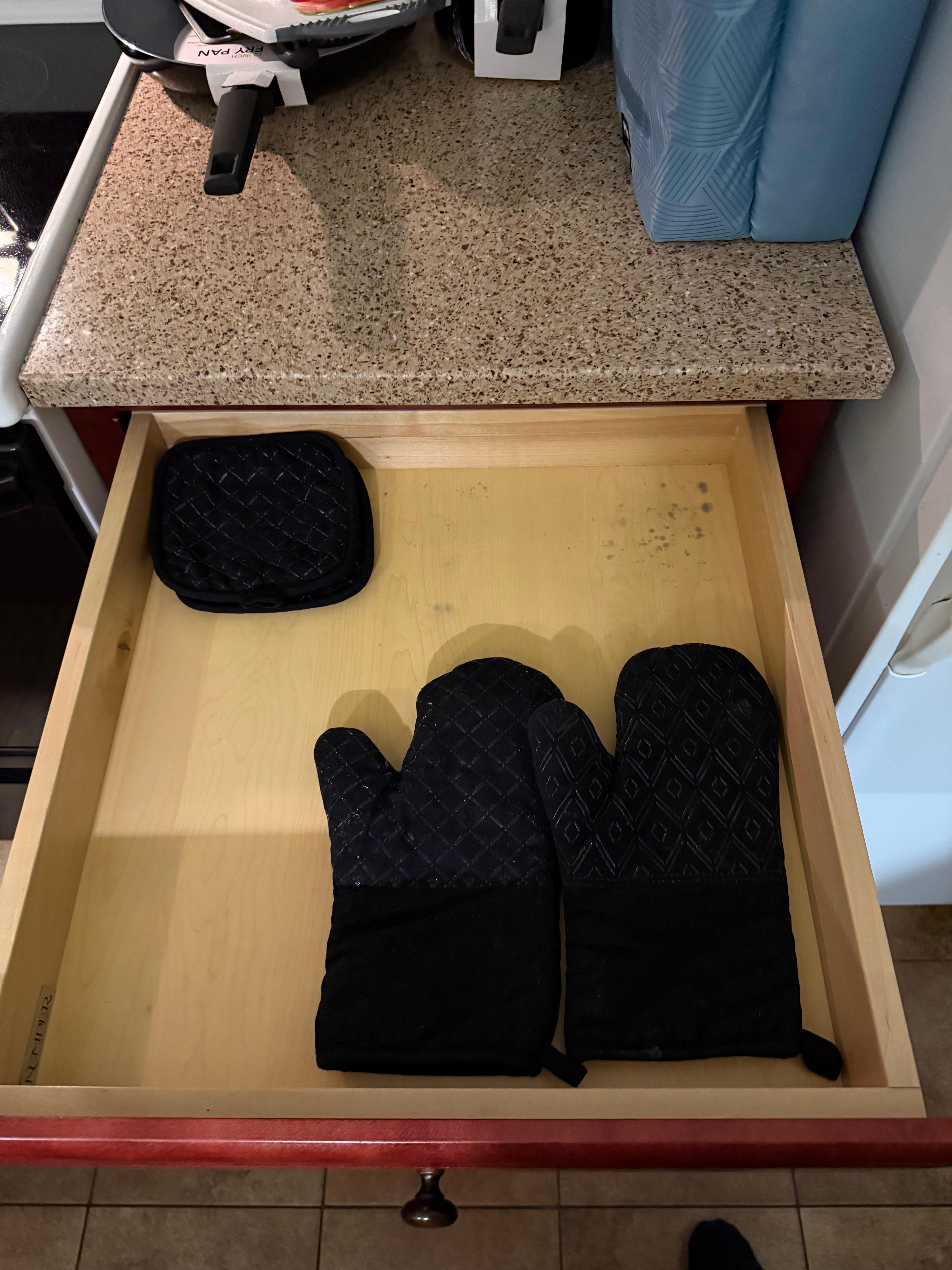 Black mold in kitchen drawer under sink ear stove first day 