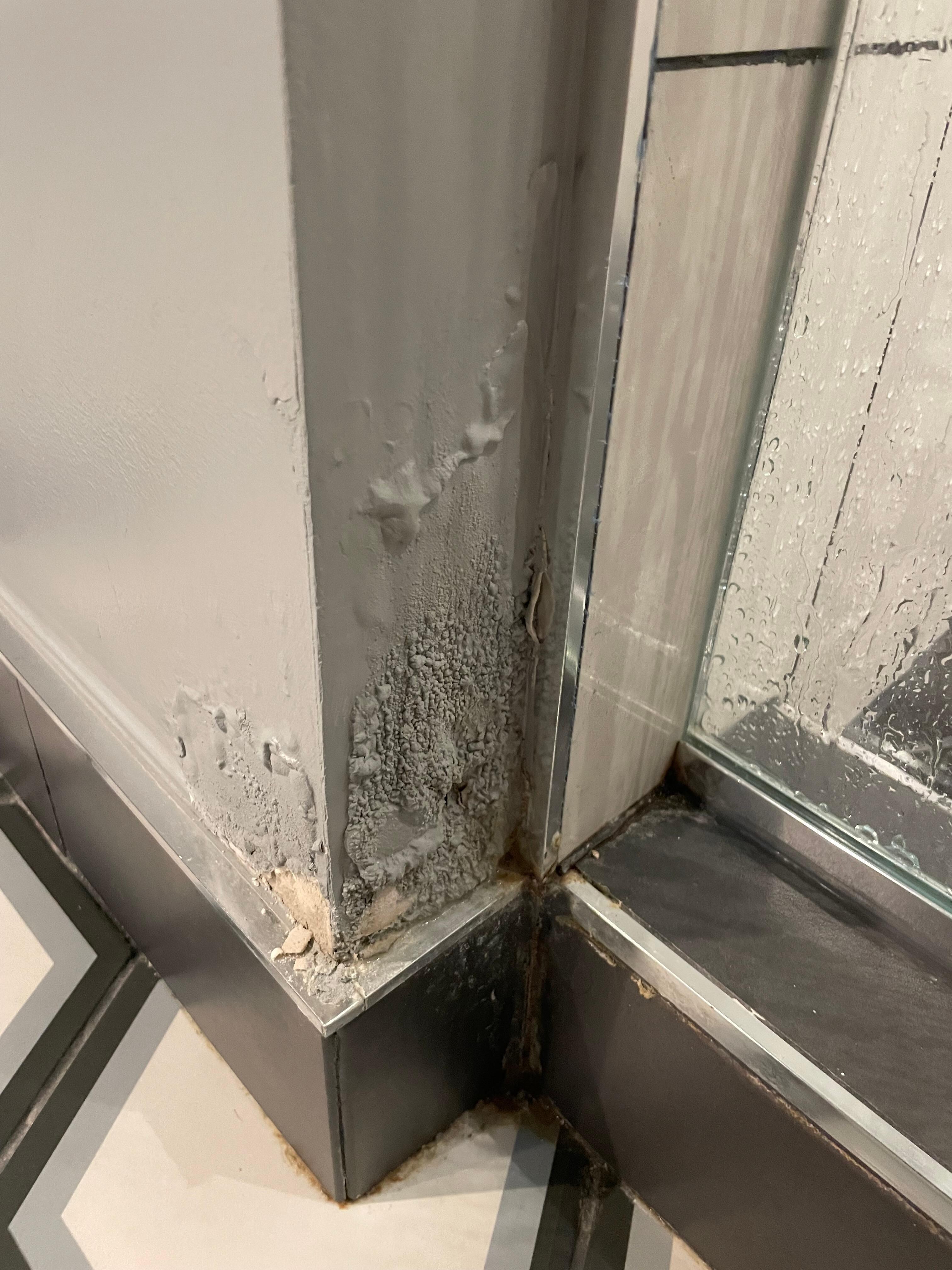 Shower area. The lack of ventilation likely contributed to this. 