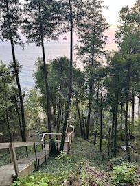 About 100 stairs going down to the beach. Worth every step.