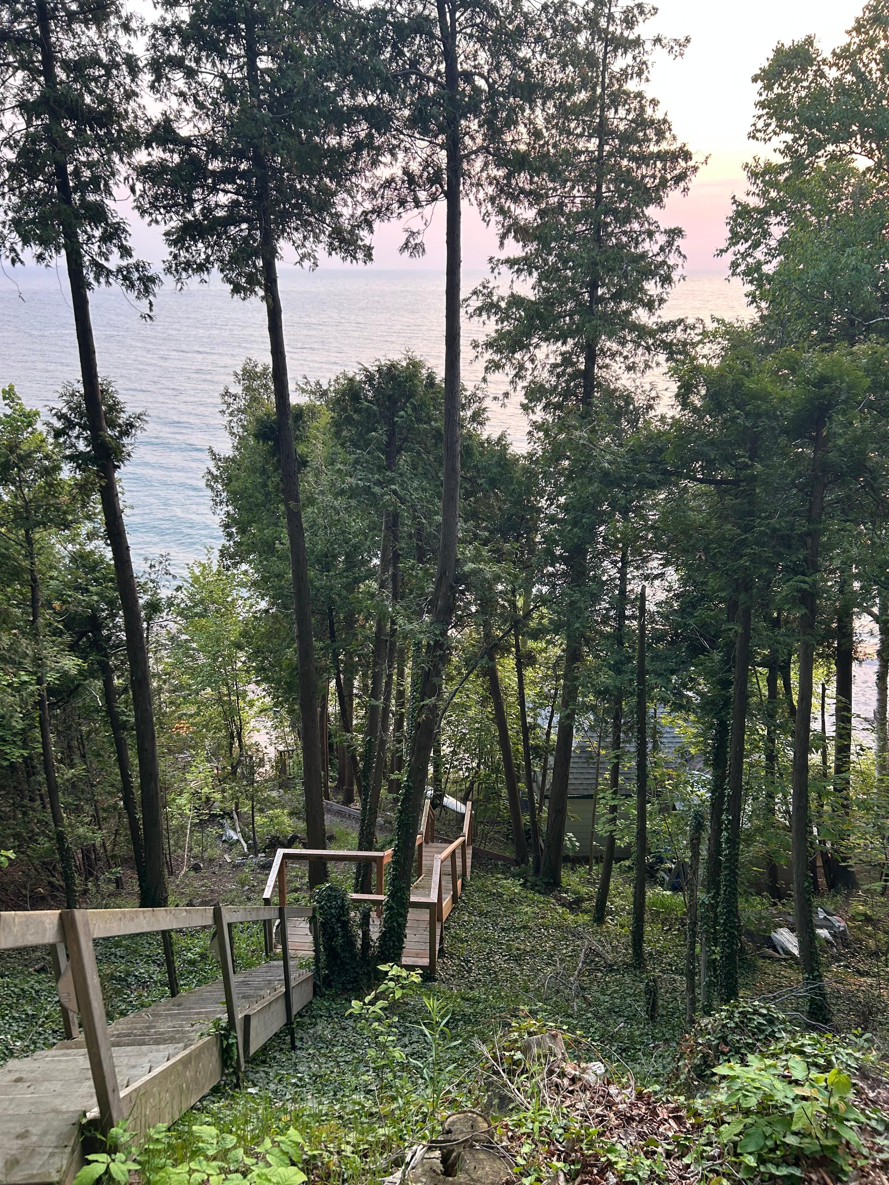 About 100 stairs going down to the beach. Worth every step. 