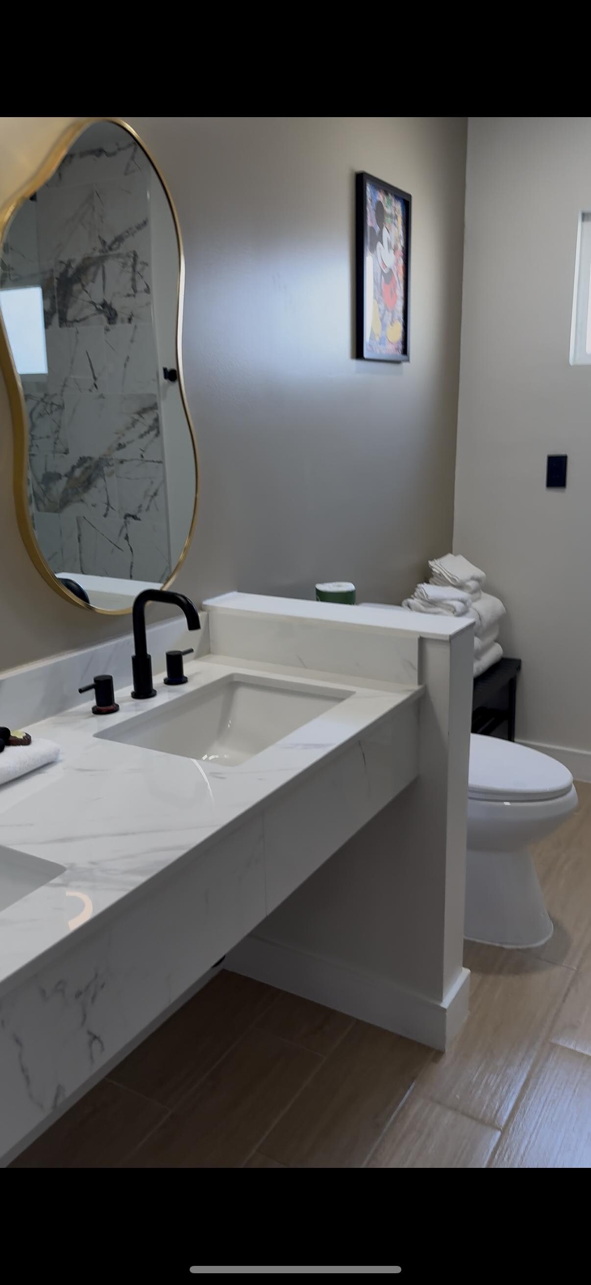 Bathroom with two sinks and new shower