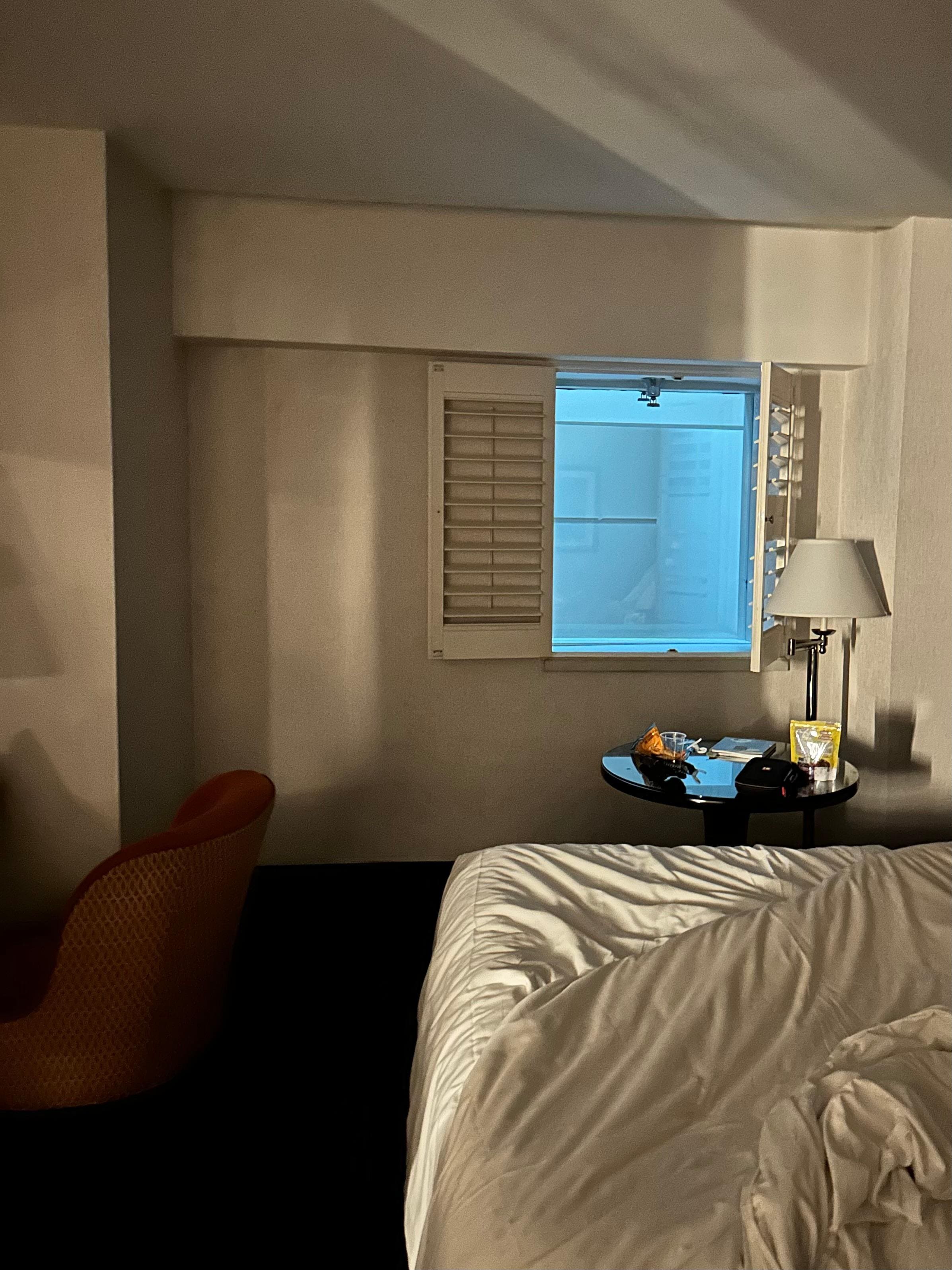 Mid-morning, almost no light entering the room.