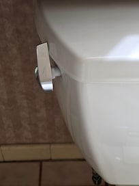 Toilet handle hanging off the side of the tank.