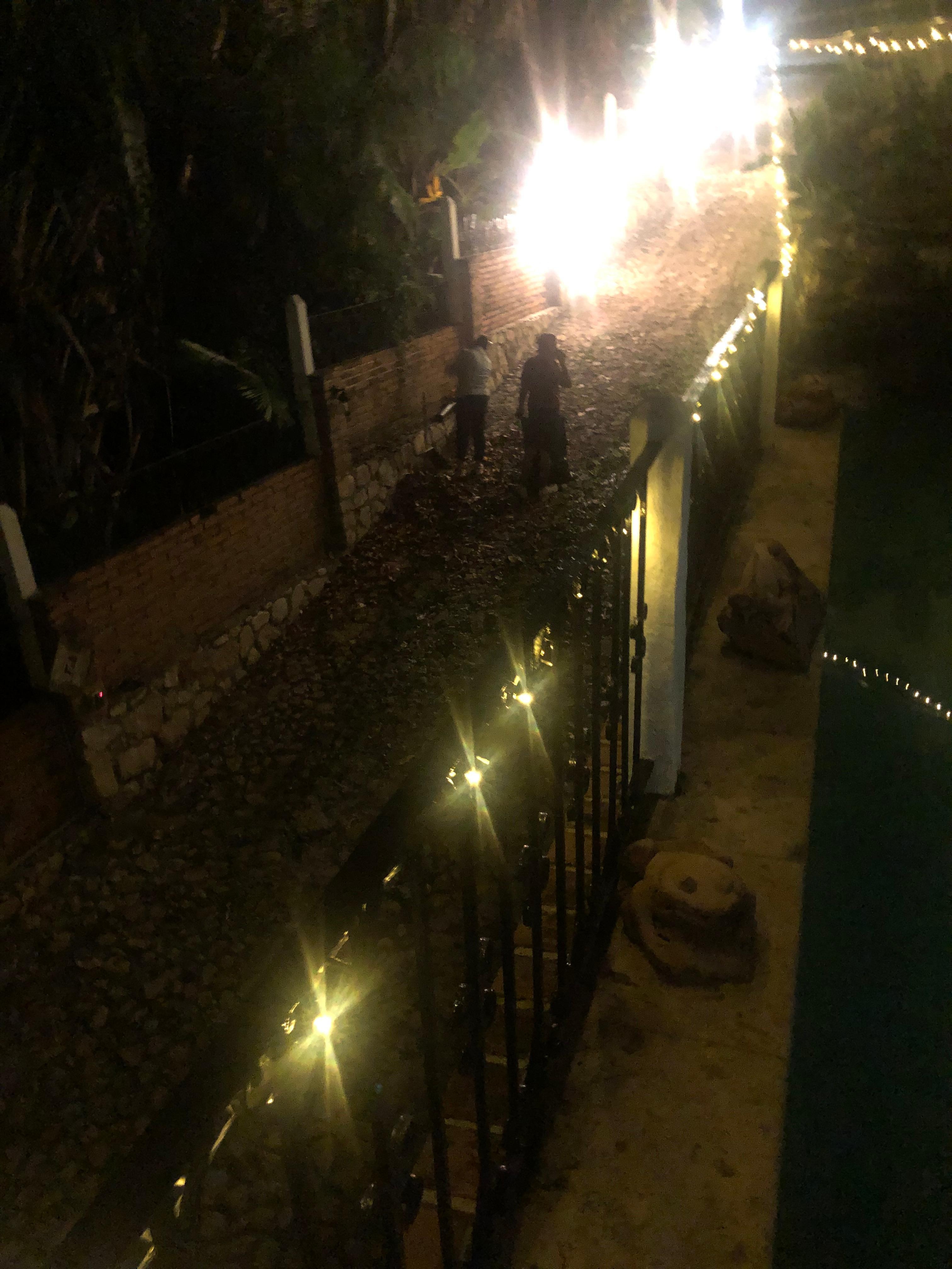 Leaf blowing our driveway at 730pm. Right next to our freezing pool. Very noisy! 