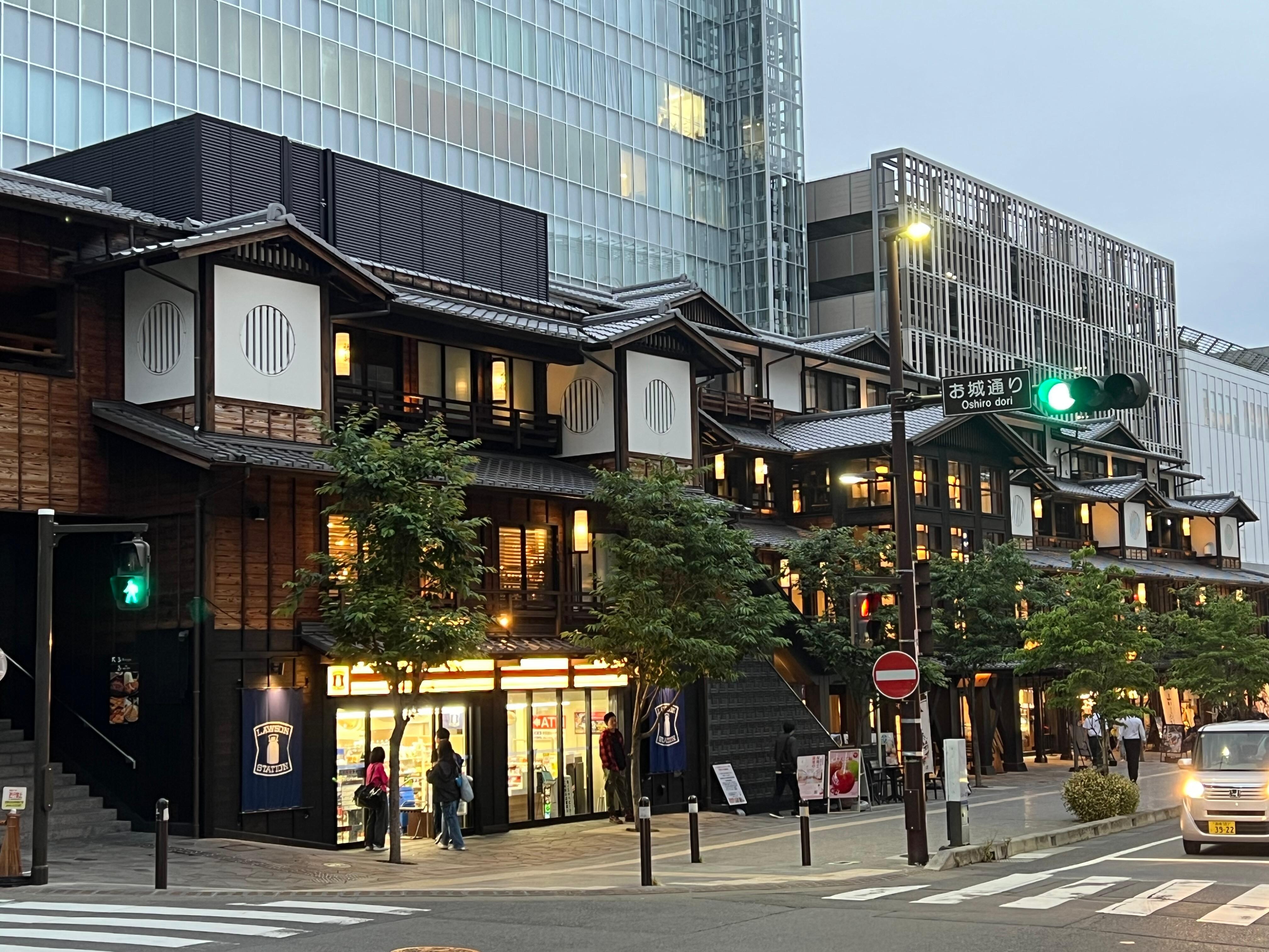 Restaurants and shops one block from the hotel; train station at the back.