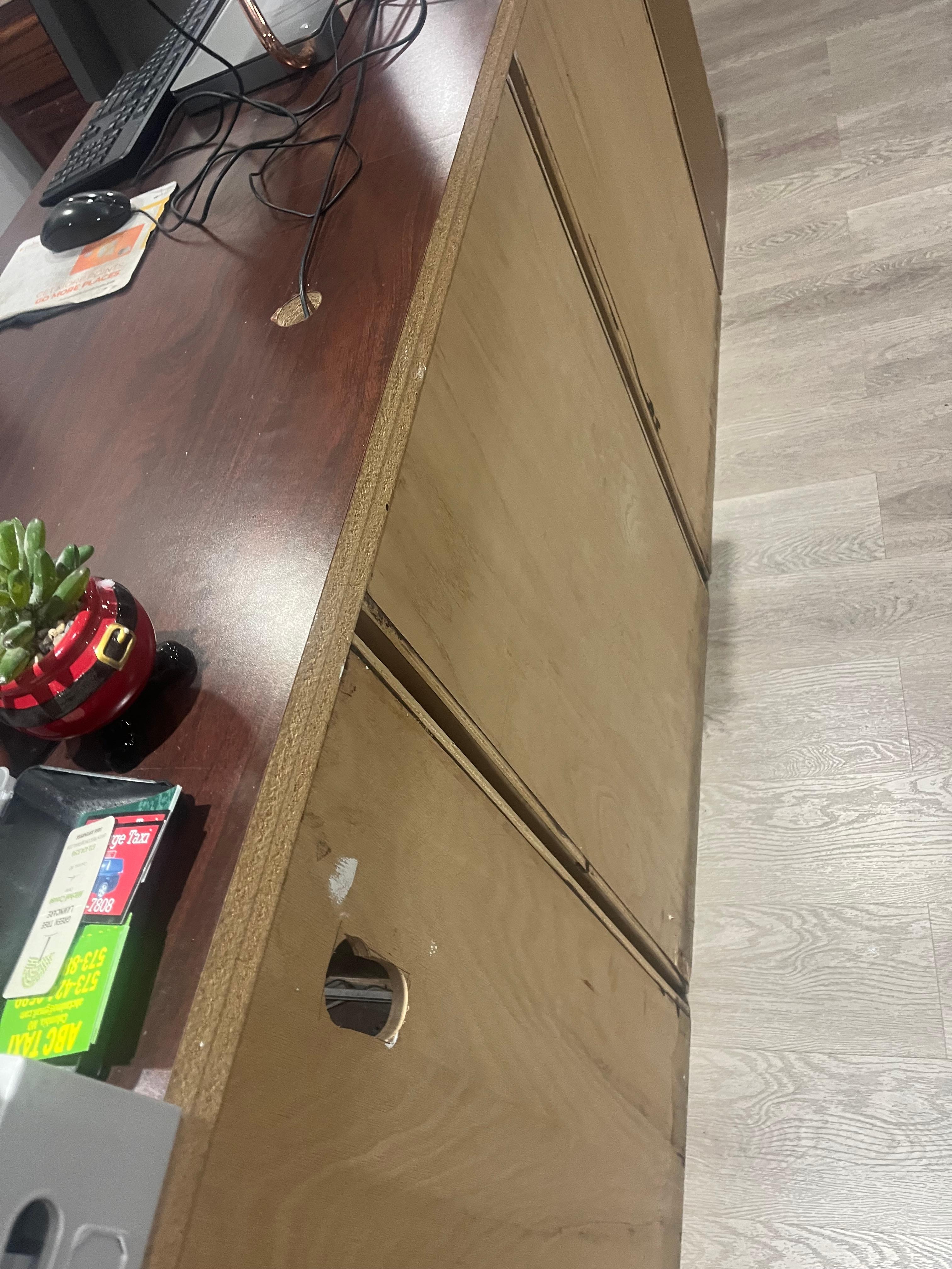 This is the front desk. Old furniture turned back wards