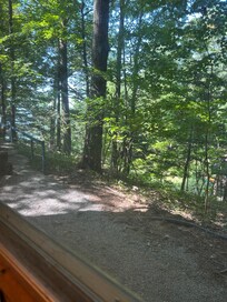 Shared access directly out kitchen window with no privacy shades available