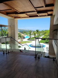 Looking outside the lobby area.