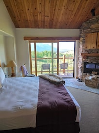 Nicely appointed bedroom with TV and fireplace