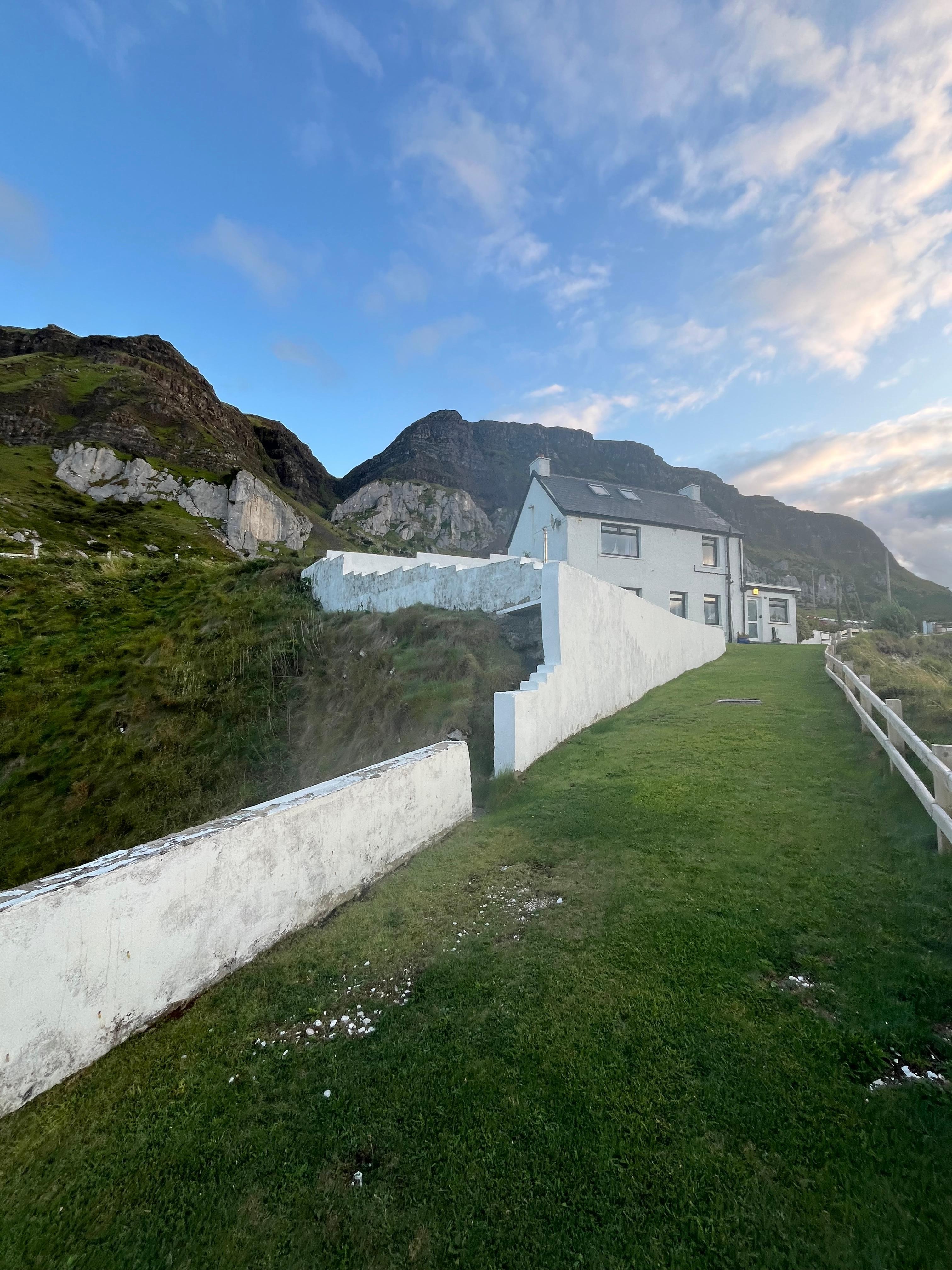 Looking back at the road from the sea side of the cottage