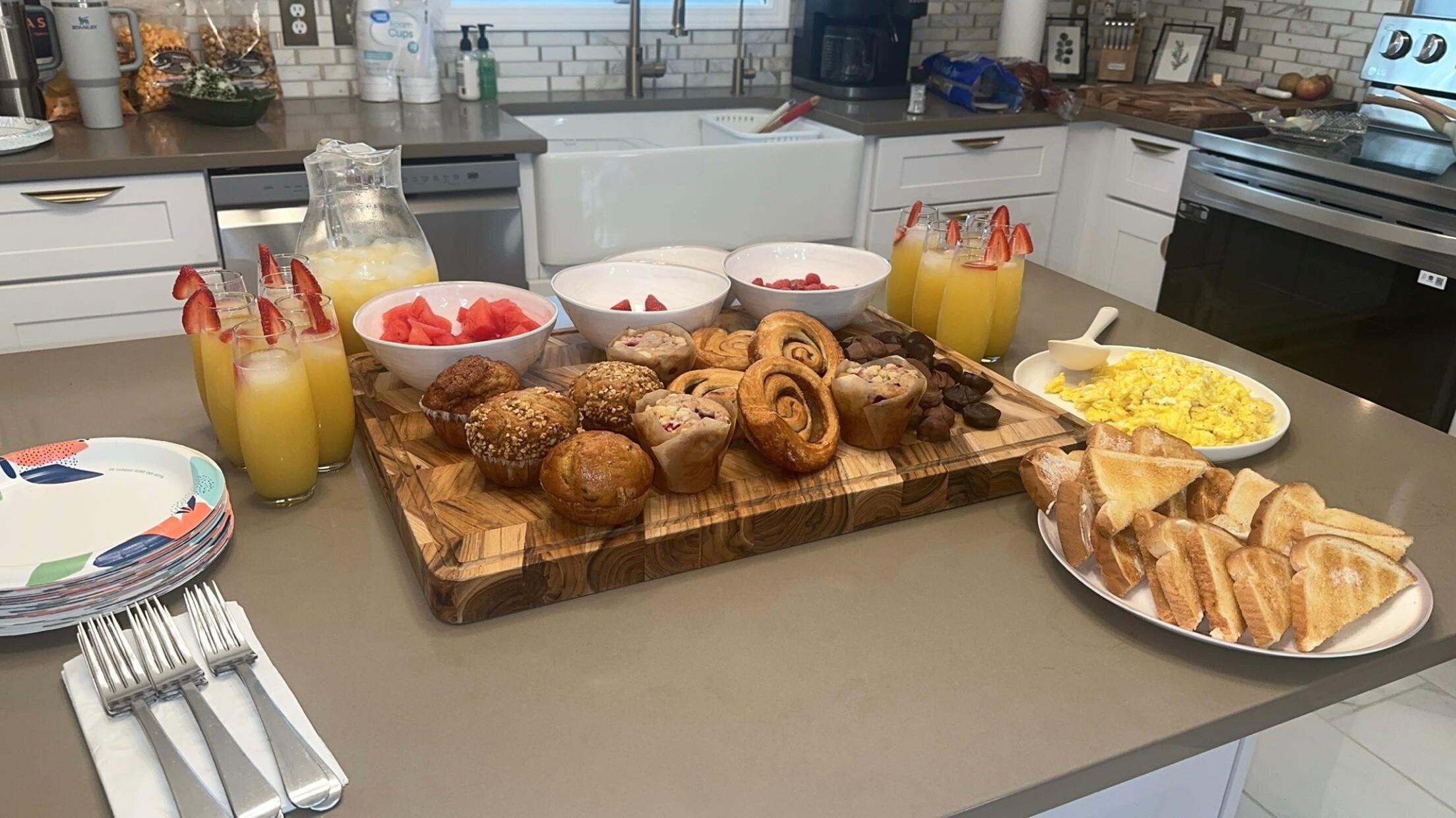 This was the brunch my husband made for the bridal party the morning of the wedding in the beautiful kitchen! 