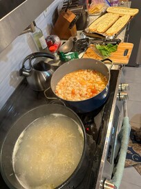Plenty of cooking supplies for a scallop dinner