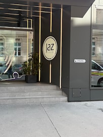 the entry to the lobby - clean and fun vibe with the music/vinyl