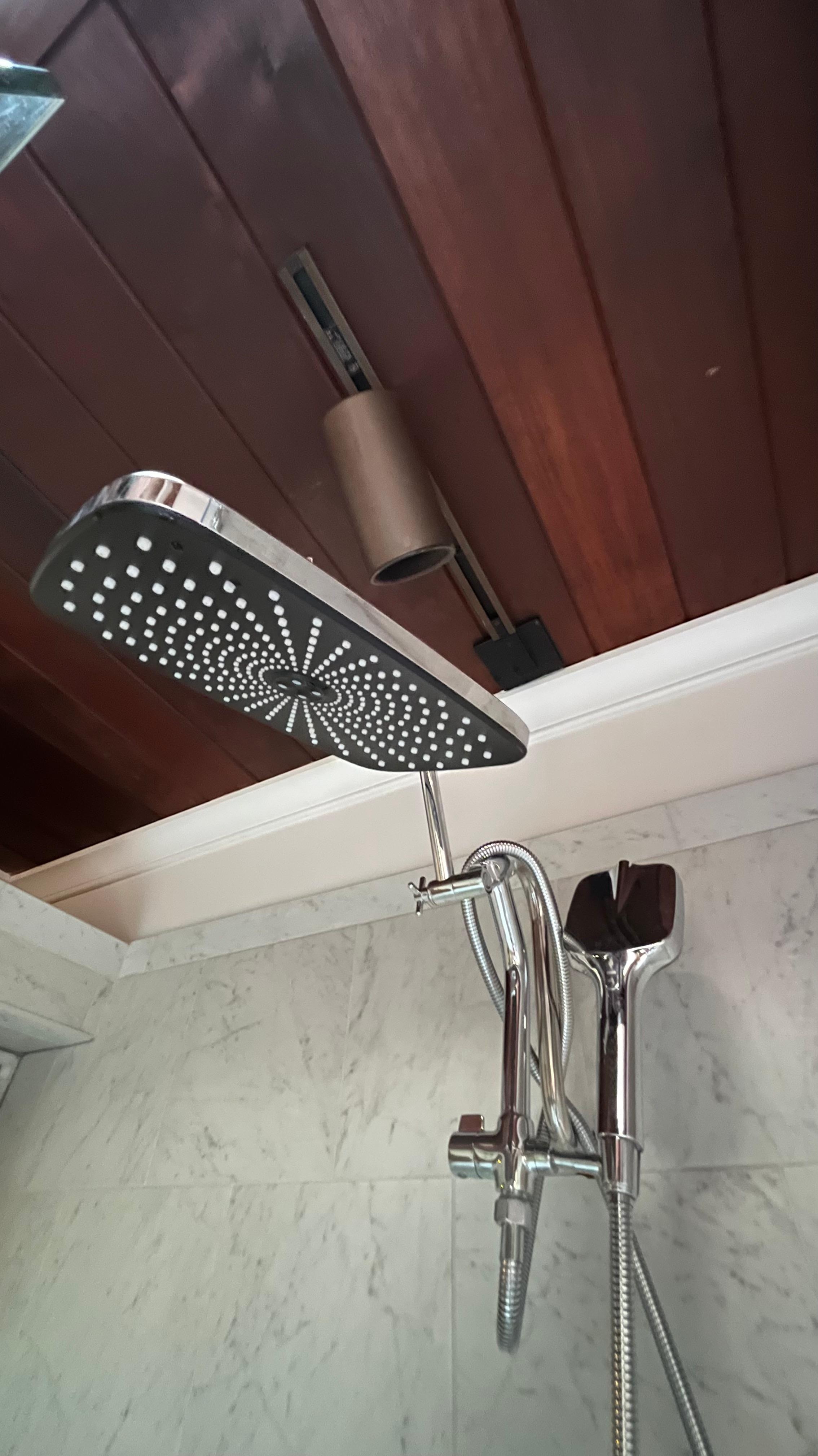 A track light IN the master shower, 5" above the shower head. 