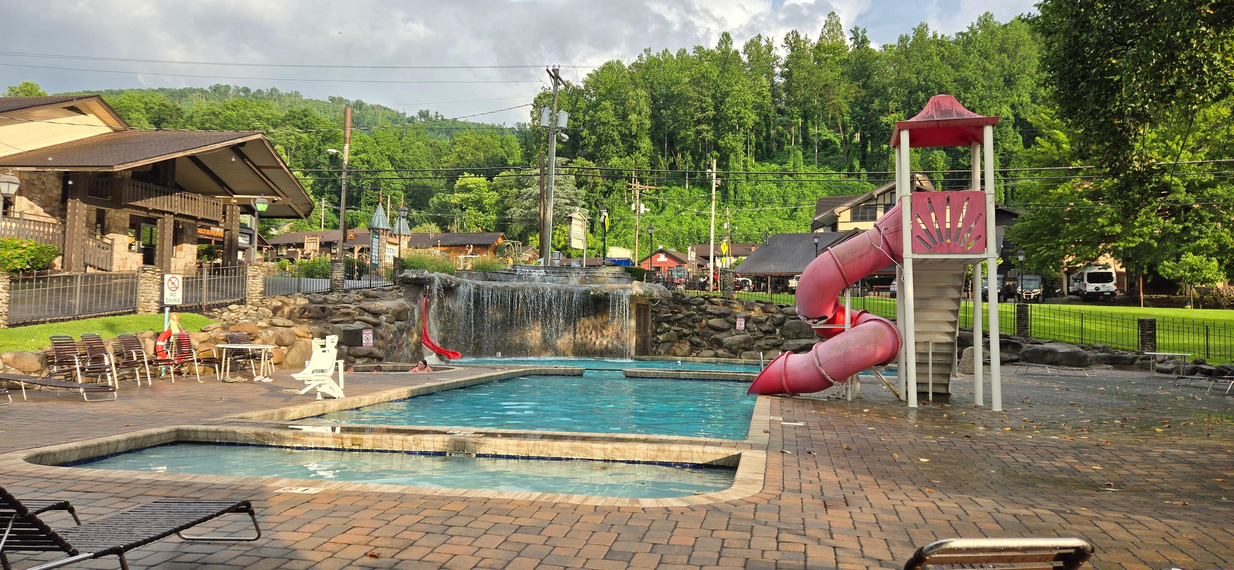 Pools, slides, waterfall, & hot tub