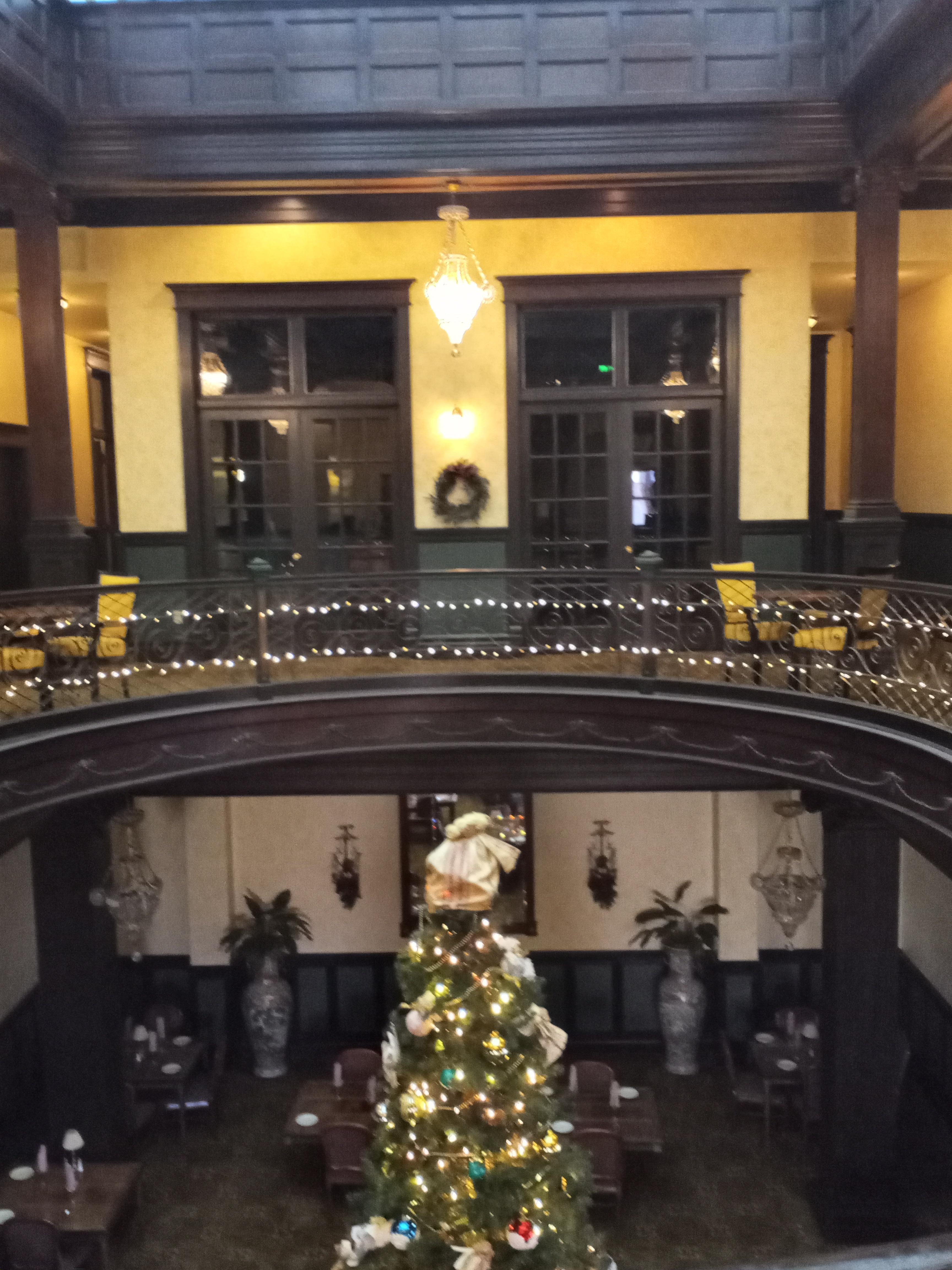 Mezzanine level view of tree.  A library behind the French doors.