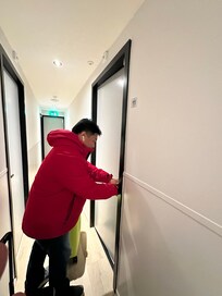 the hallway, 3rd floor. Nice and quiet.