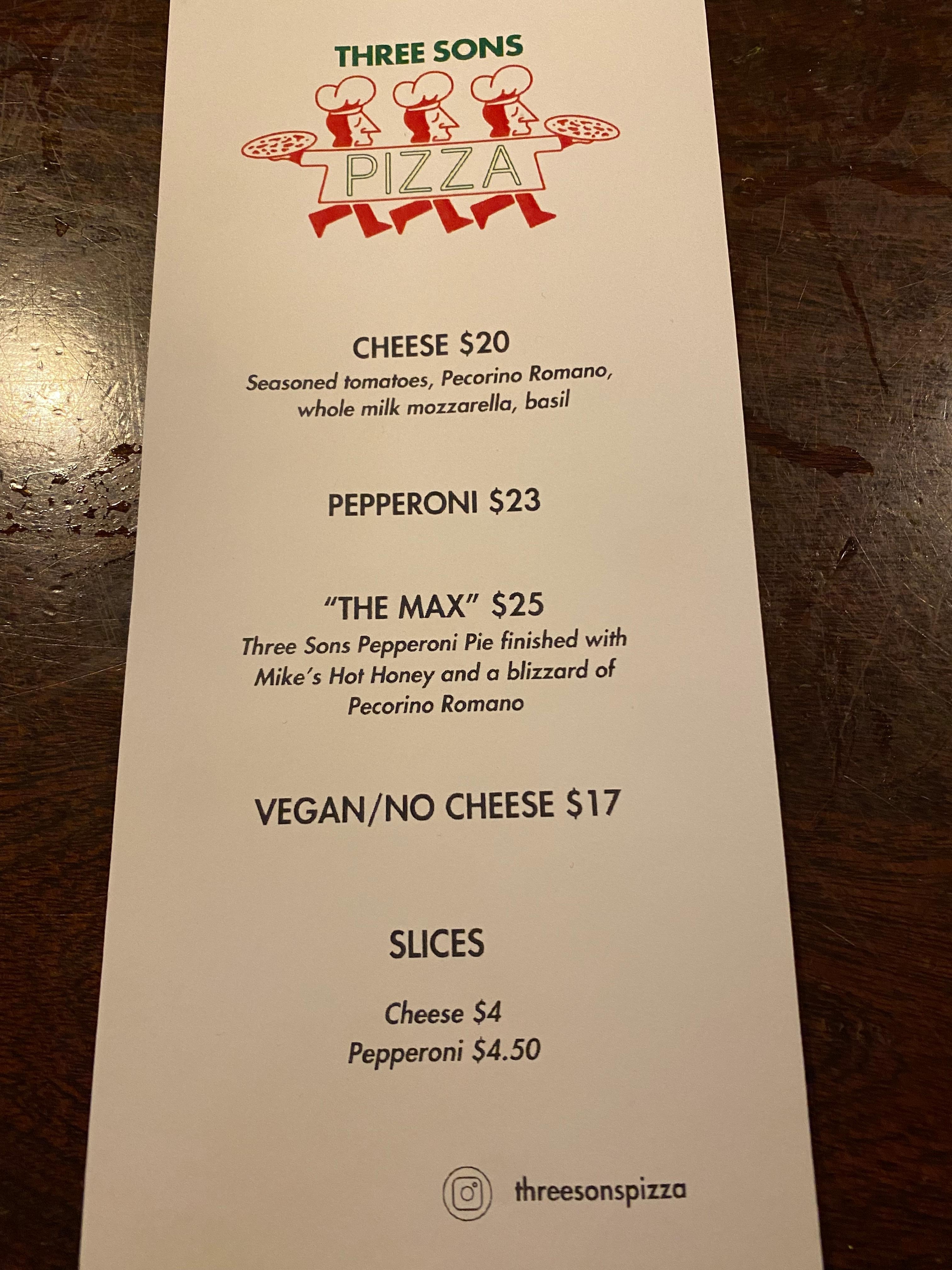 Weekly pizza night menu.  The Max was fantastic!
