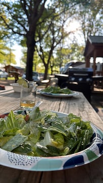 You get your own gas grill that is very clean. Also a fire pit and outdoor dining bench.