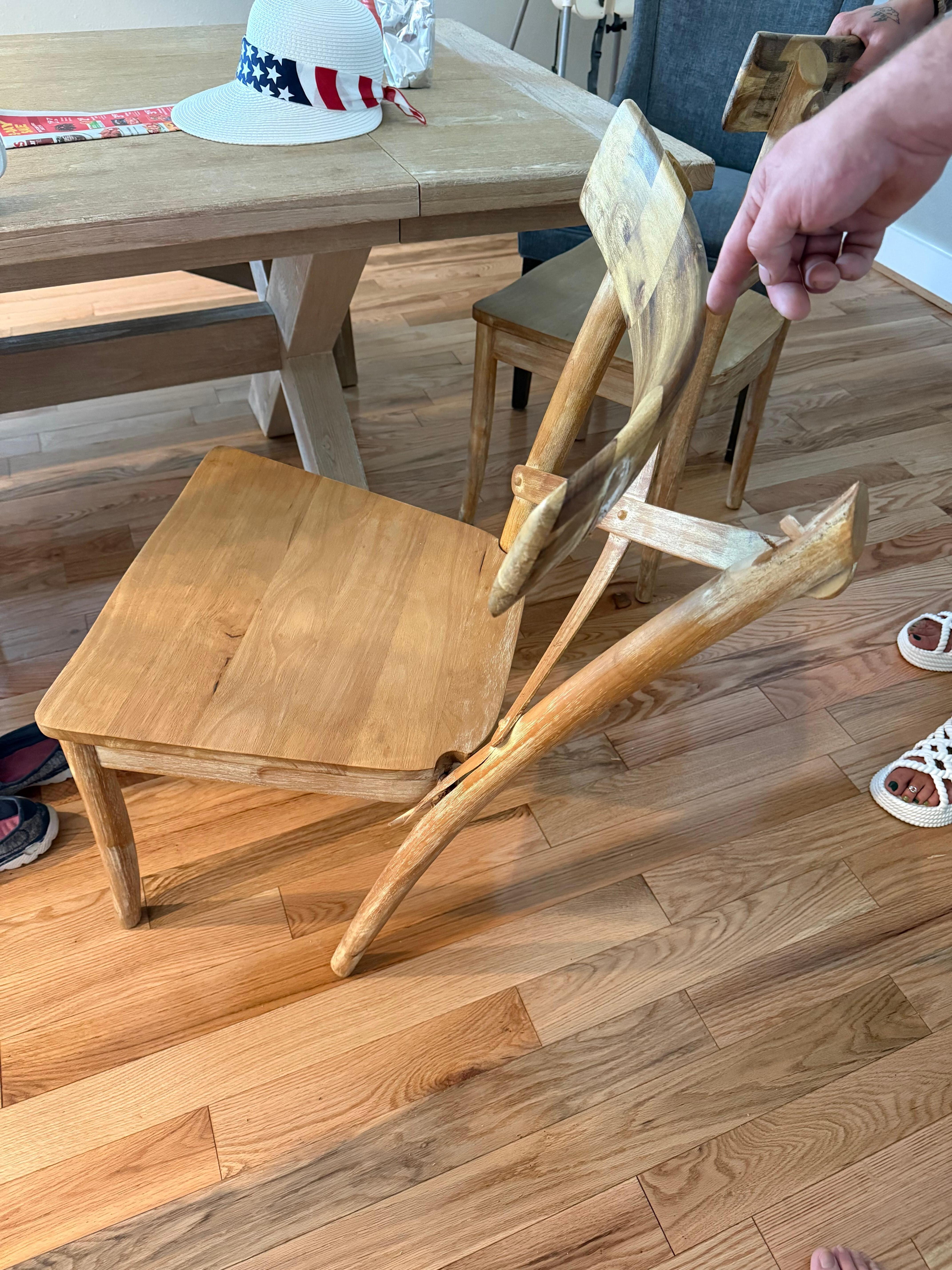 Looks as though this chair has been stressed from many uses. Someone should be chucking things to be in proper working order. This chair collapsed with my 82 year old grandmother seated in it for less than 5 mins resulting in her head hitting floor