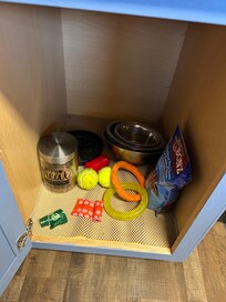 Cabinet full of dog bowls, toys at the house. We did not bring our dog but a great touch