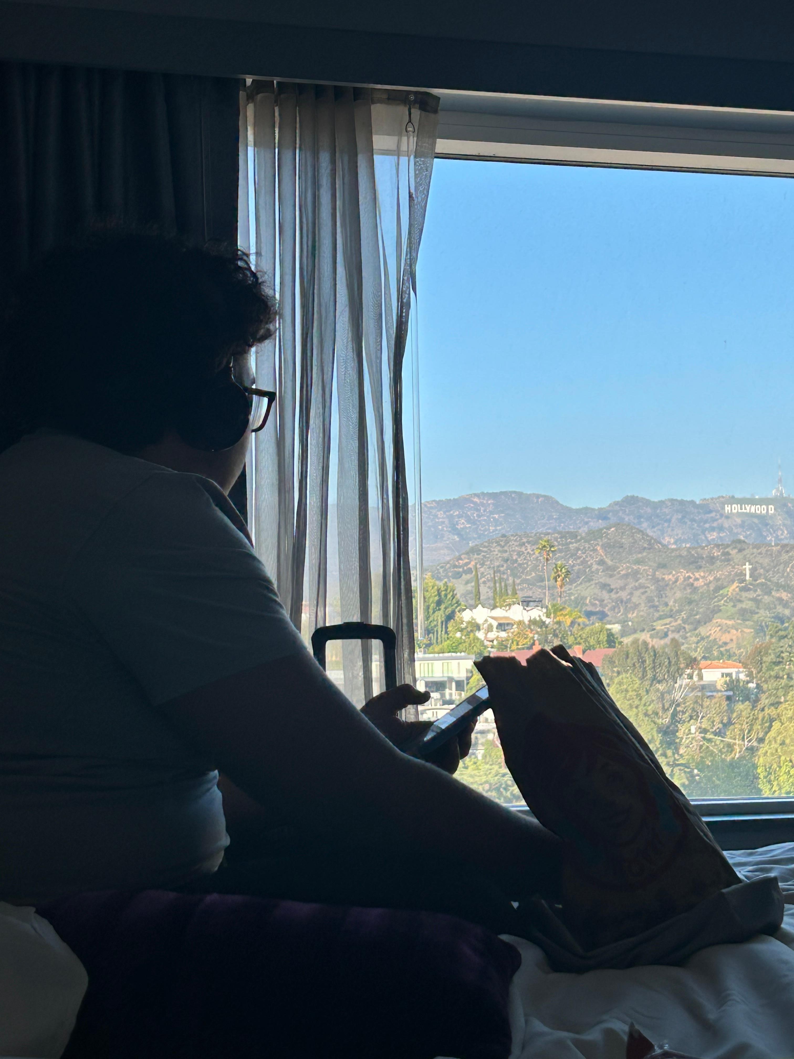 Looking at the Hollywood sign while relaxing in the comfy beds 