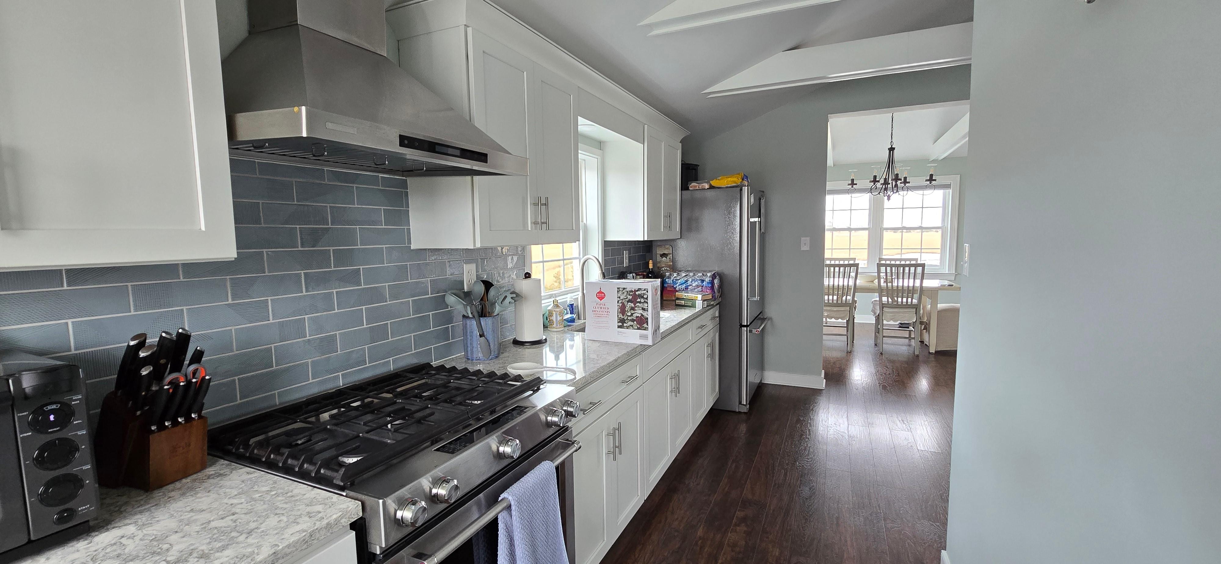 Kitchen leading into dining area