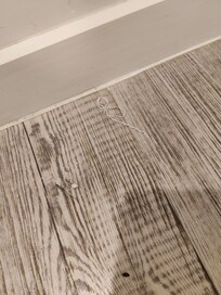 The bathroom hadn't been vacuumed or mopped. I stepped on some small white ball and from there, saw the floor wasn't clean, then the shower.