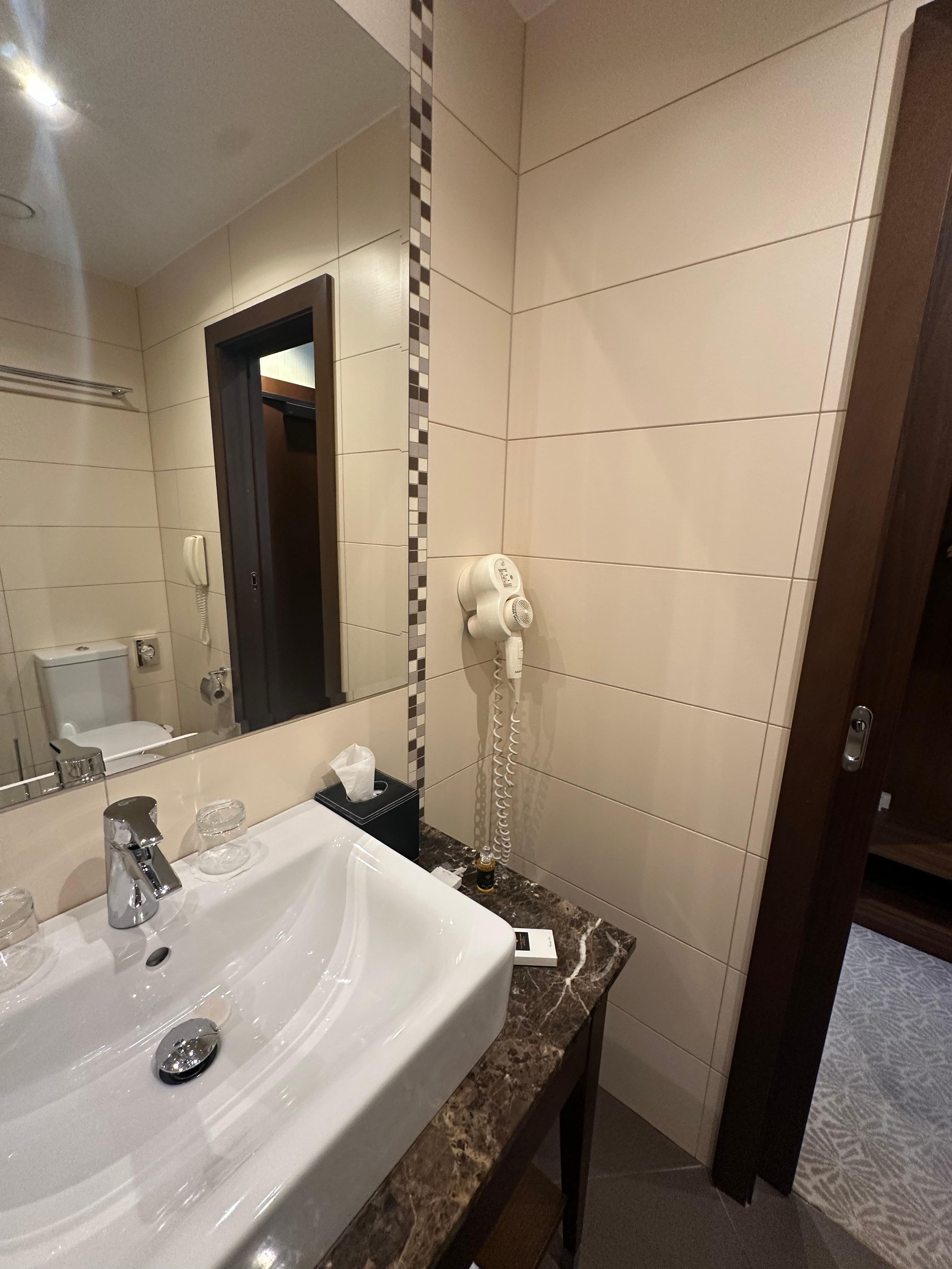 Bathroom was roomy for a small hotel room. 