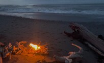 Beachside fire at sunset - had the sand all to myself - until a rogue wave sent from Tangaroa visited.