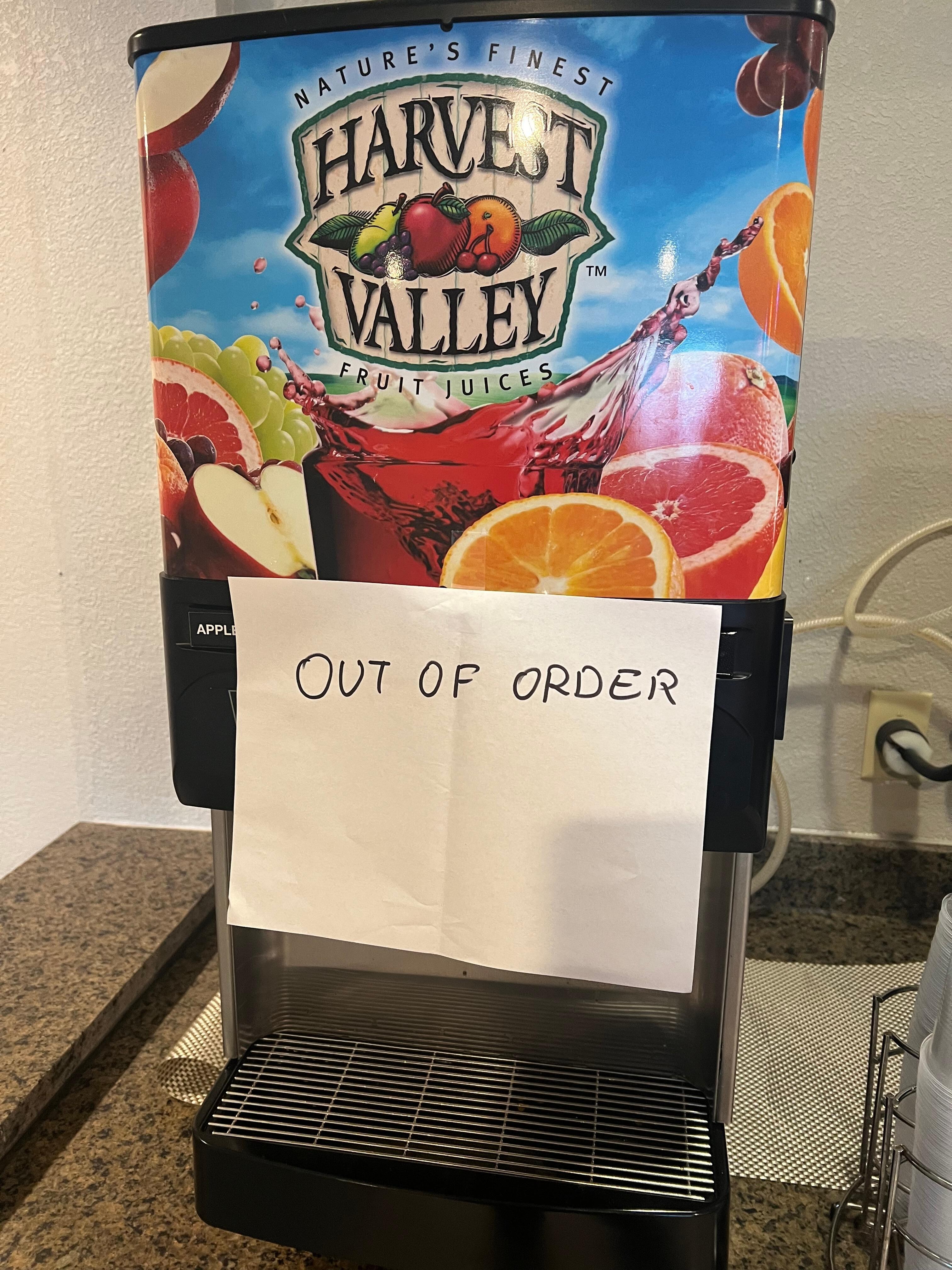 No juice because of no water. No other drinks offered