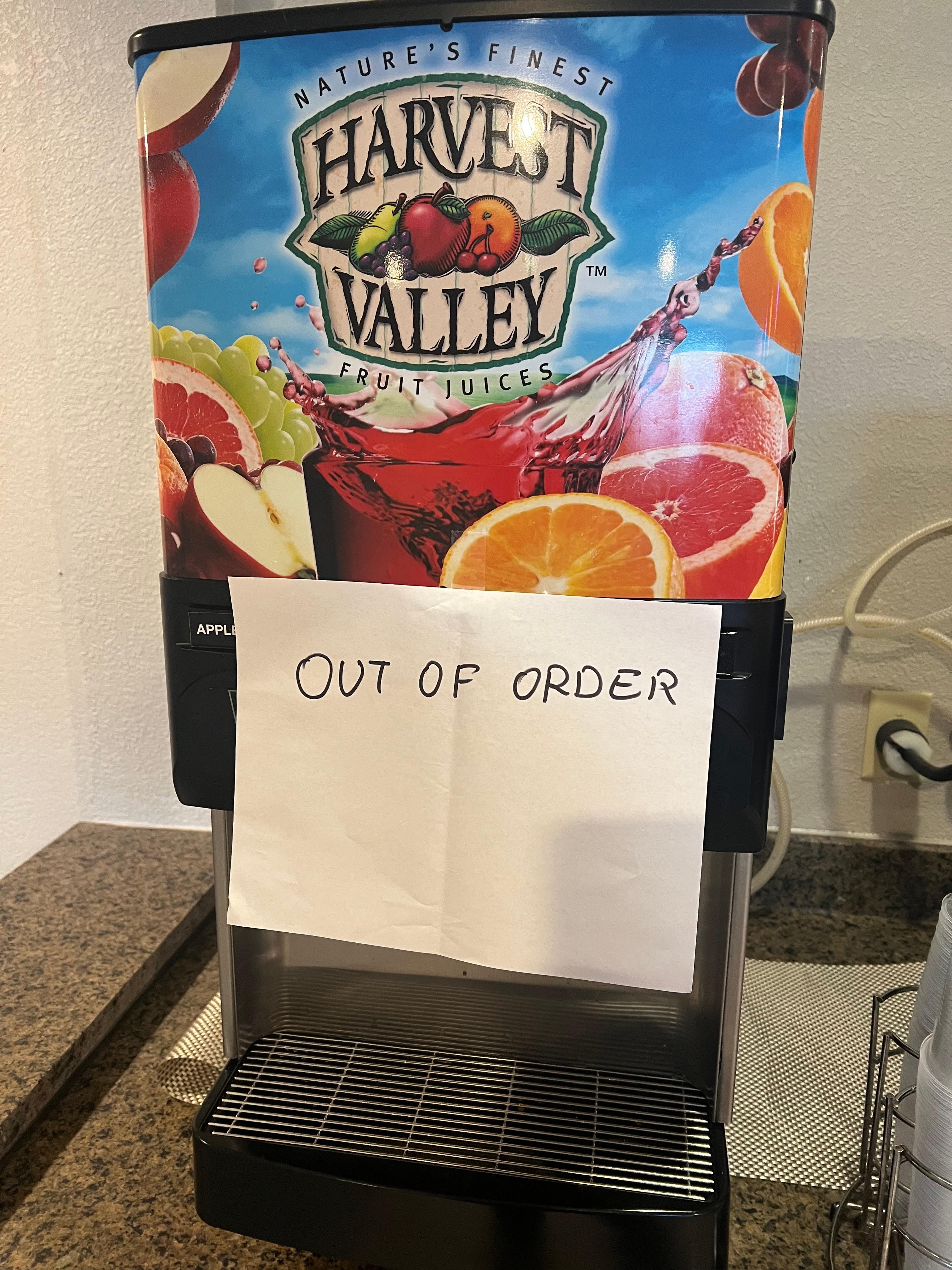 No juice because of no water. No other drinks offered