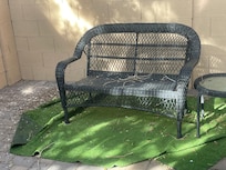 This is how we found the patio that was described in the online site as two wicker chairs with cushions and grill to barbecue, what we found was a piece of indoor outdoor carpet that was covered in bird poop, along with the wicker chair, no cushions,