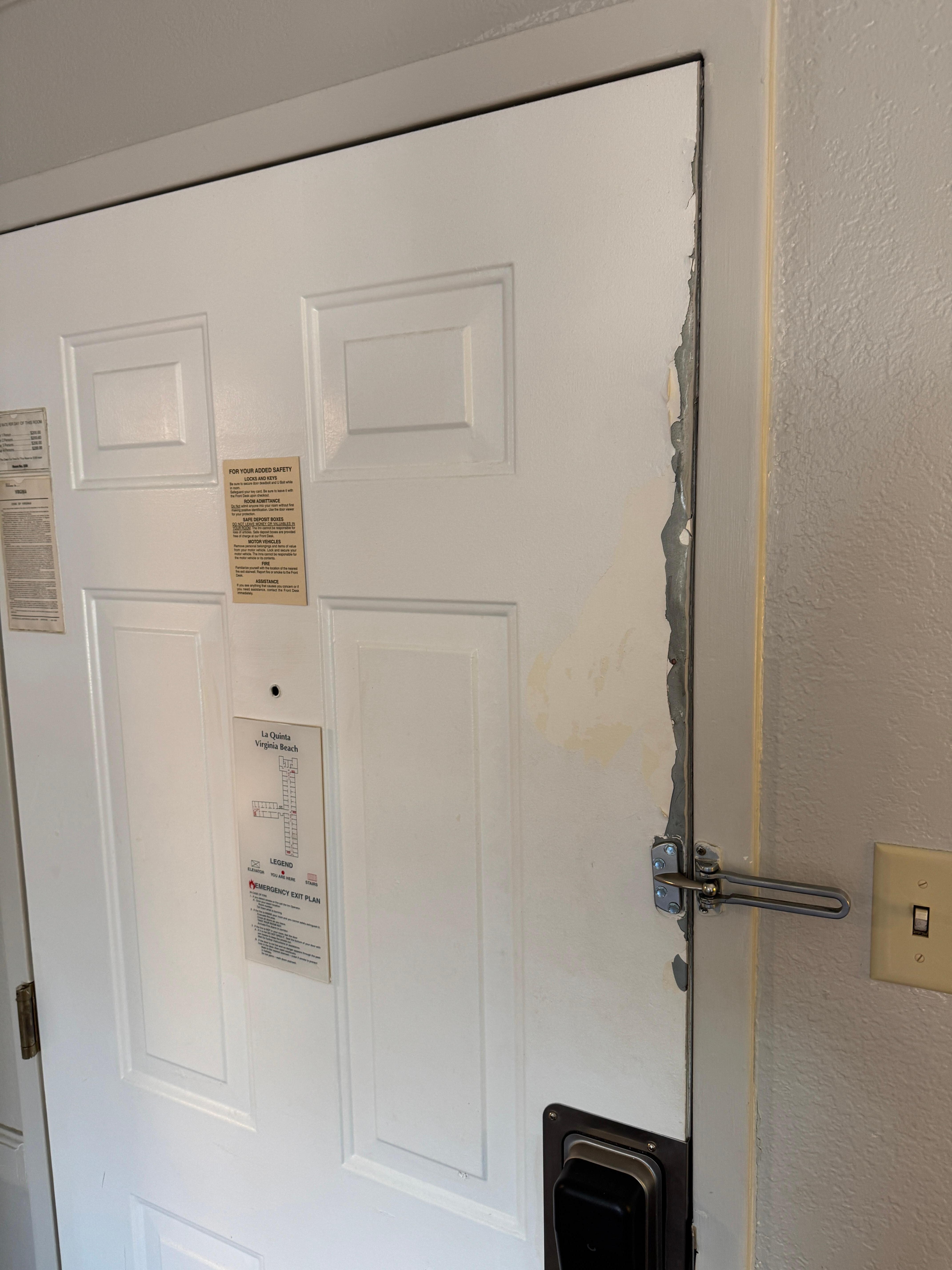 Door needs to be stripped and repainted and big gap at the bottom of the door.  Someone could easily put a camera under the door and see if occupied.  Had to put a towel at the bottom.