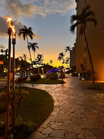 Beautiful hotel grounds in the evening.