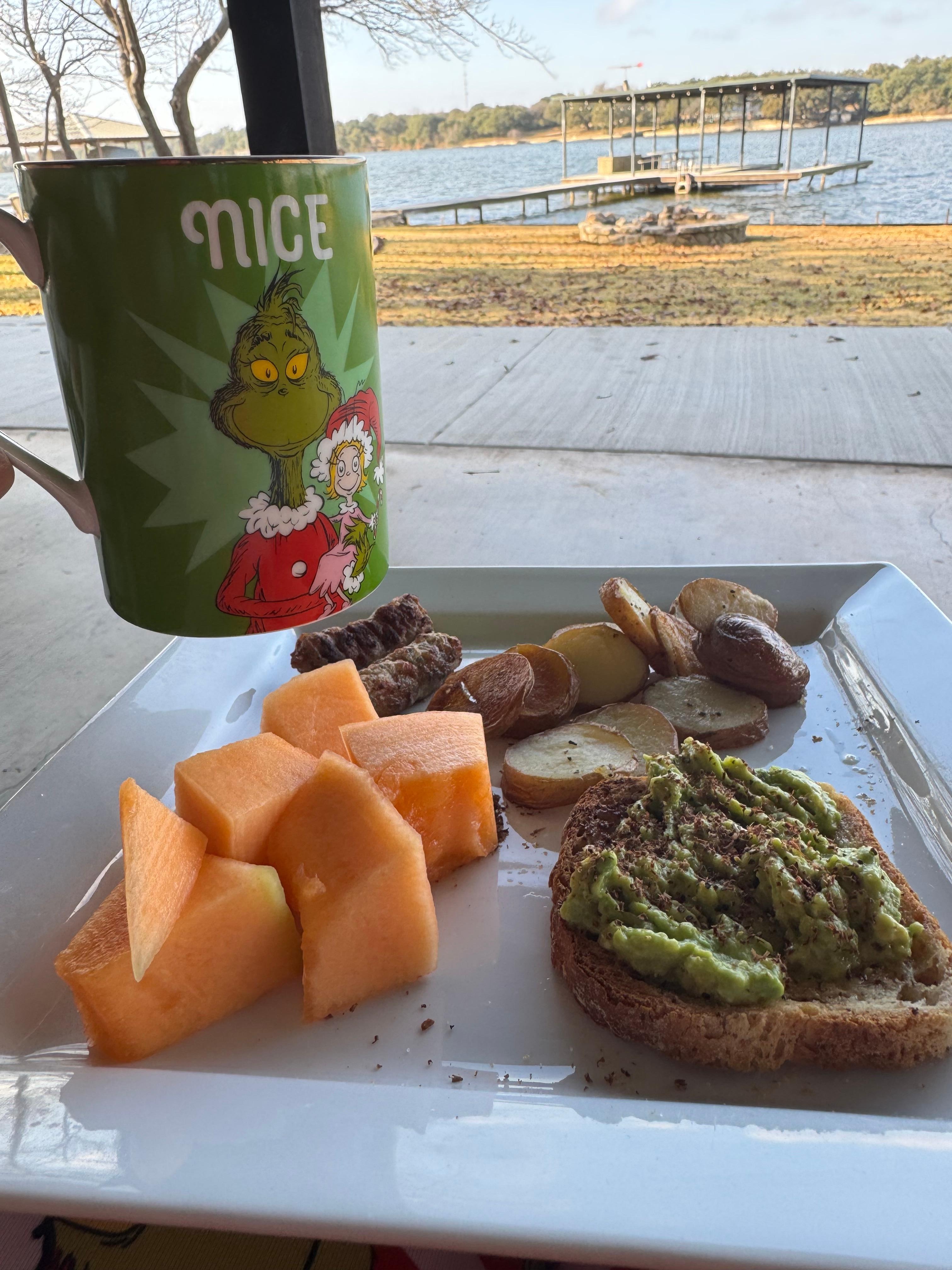 Breakfast on the back porch, beautiful lake view.