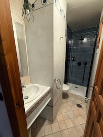 Bathroom with shower, toilet and sink.