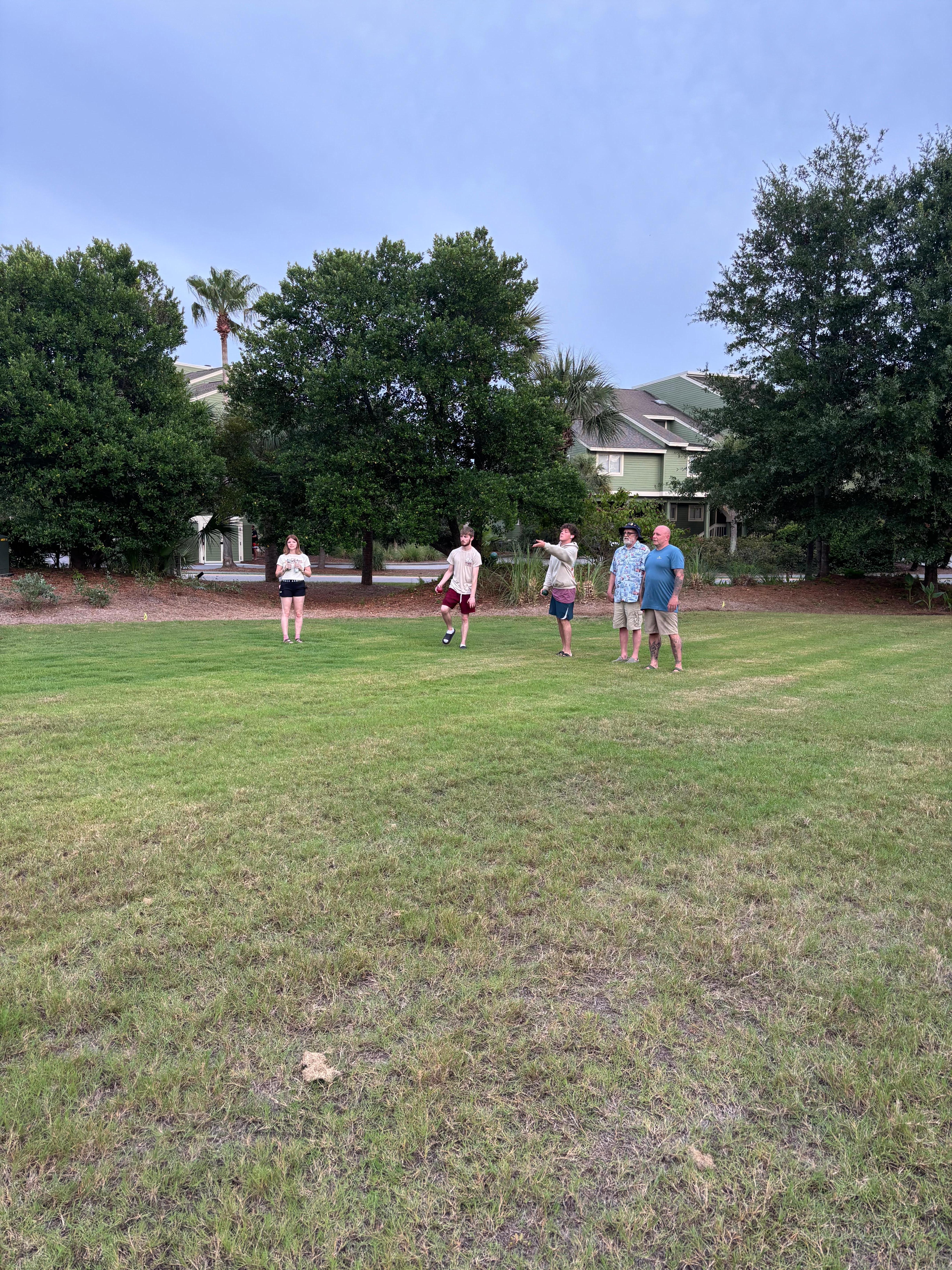 Bocce ball in some nearby grass. 