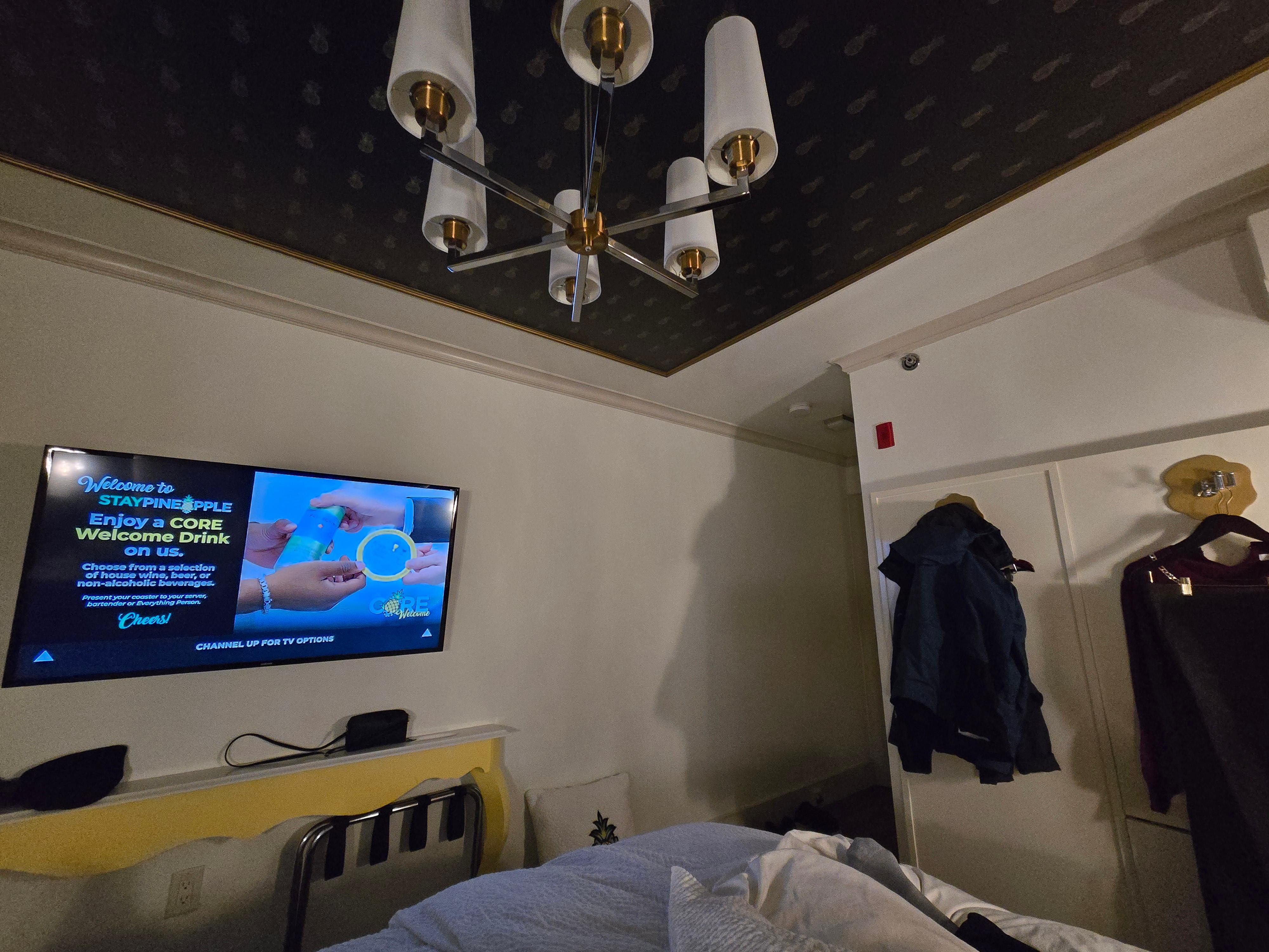 No closet but very creative storage. 