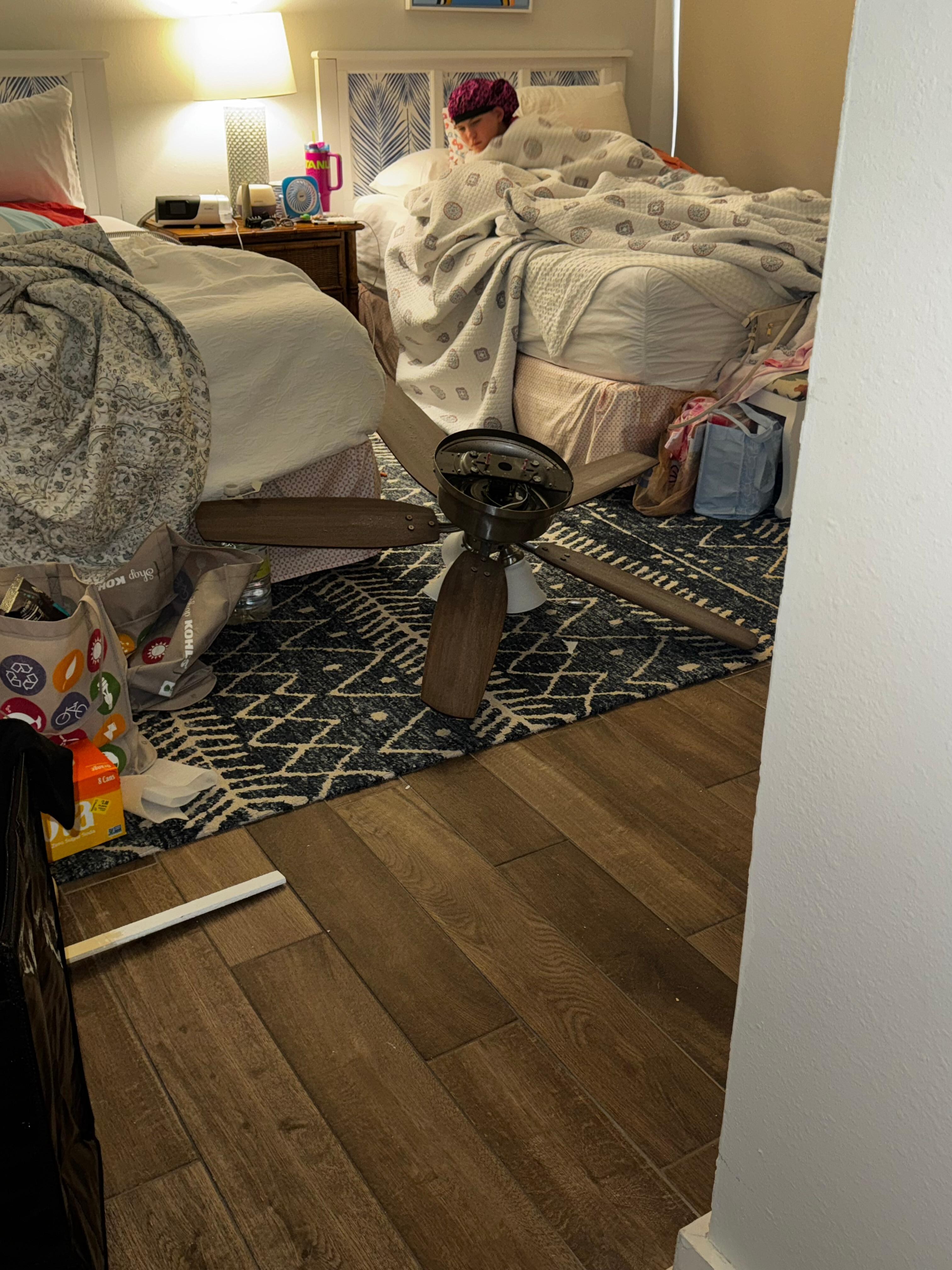 My niece still in bed after ceiling fan crash 