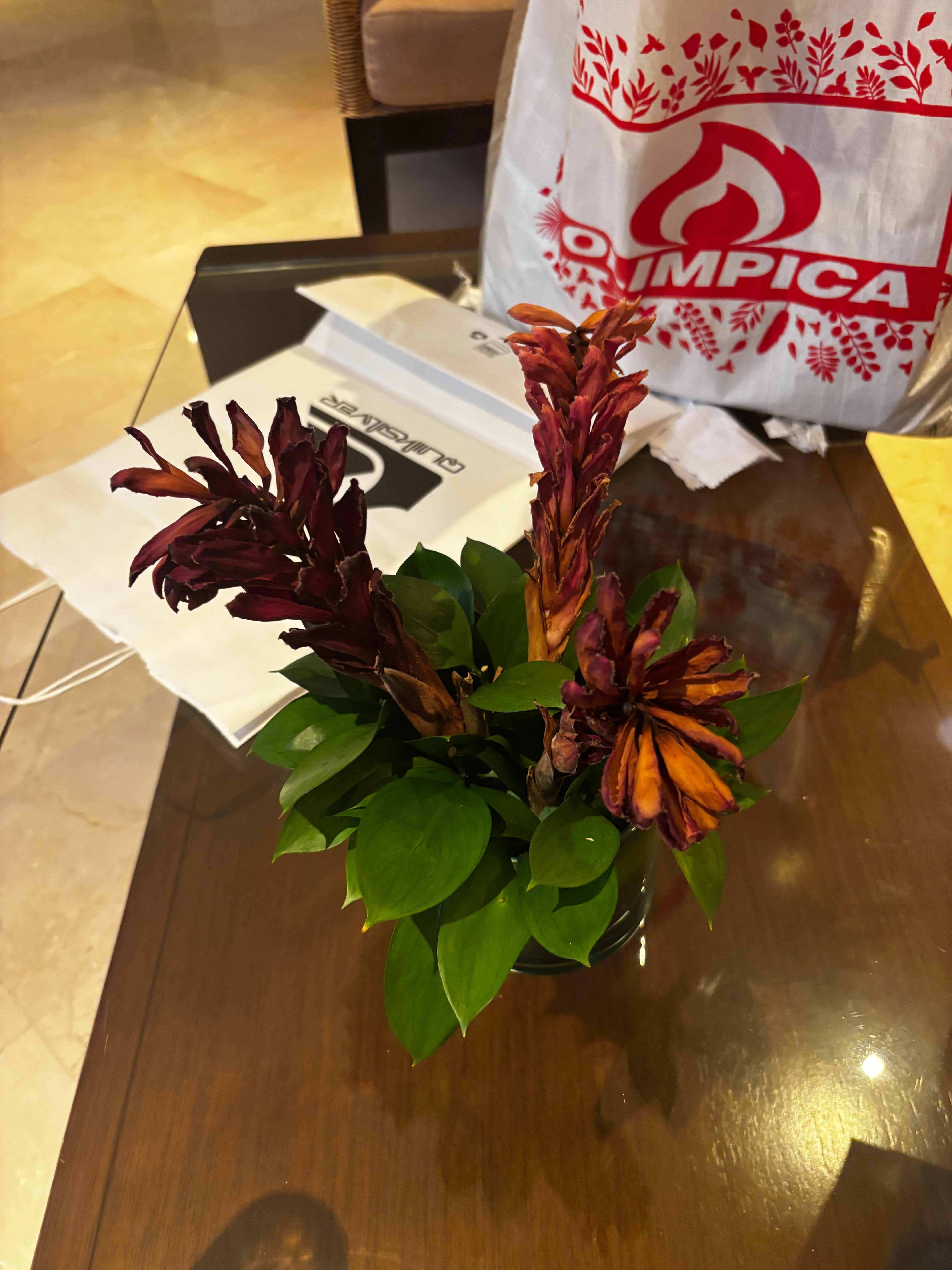 Dead flowers in the lobby. 