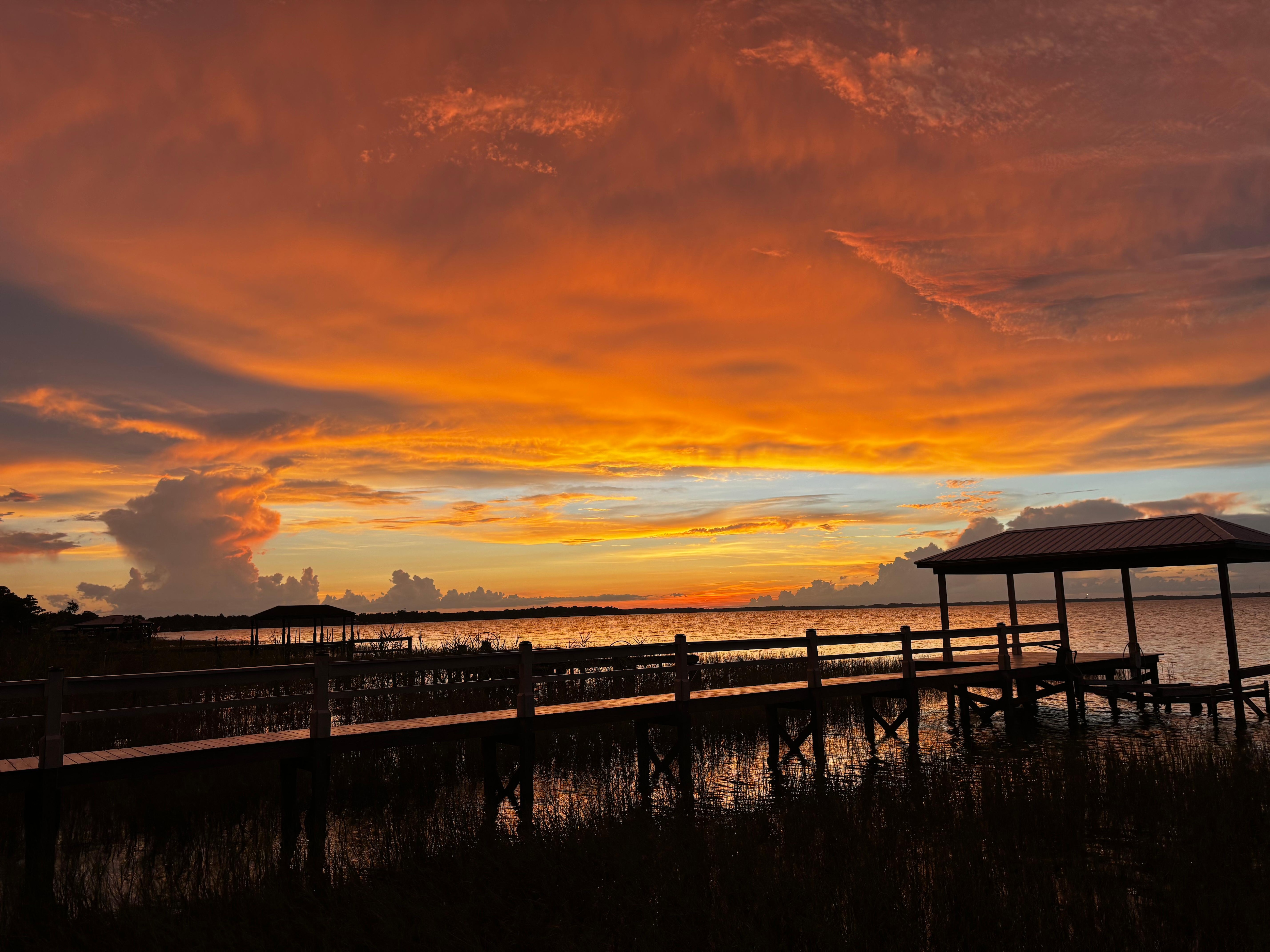 View of the lake at sunset from the porch.