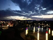 View of the plaza and the mountains from our room
