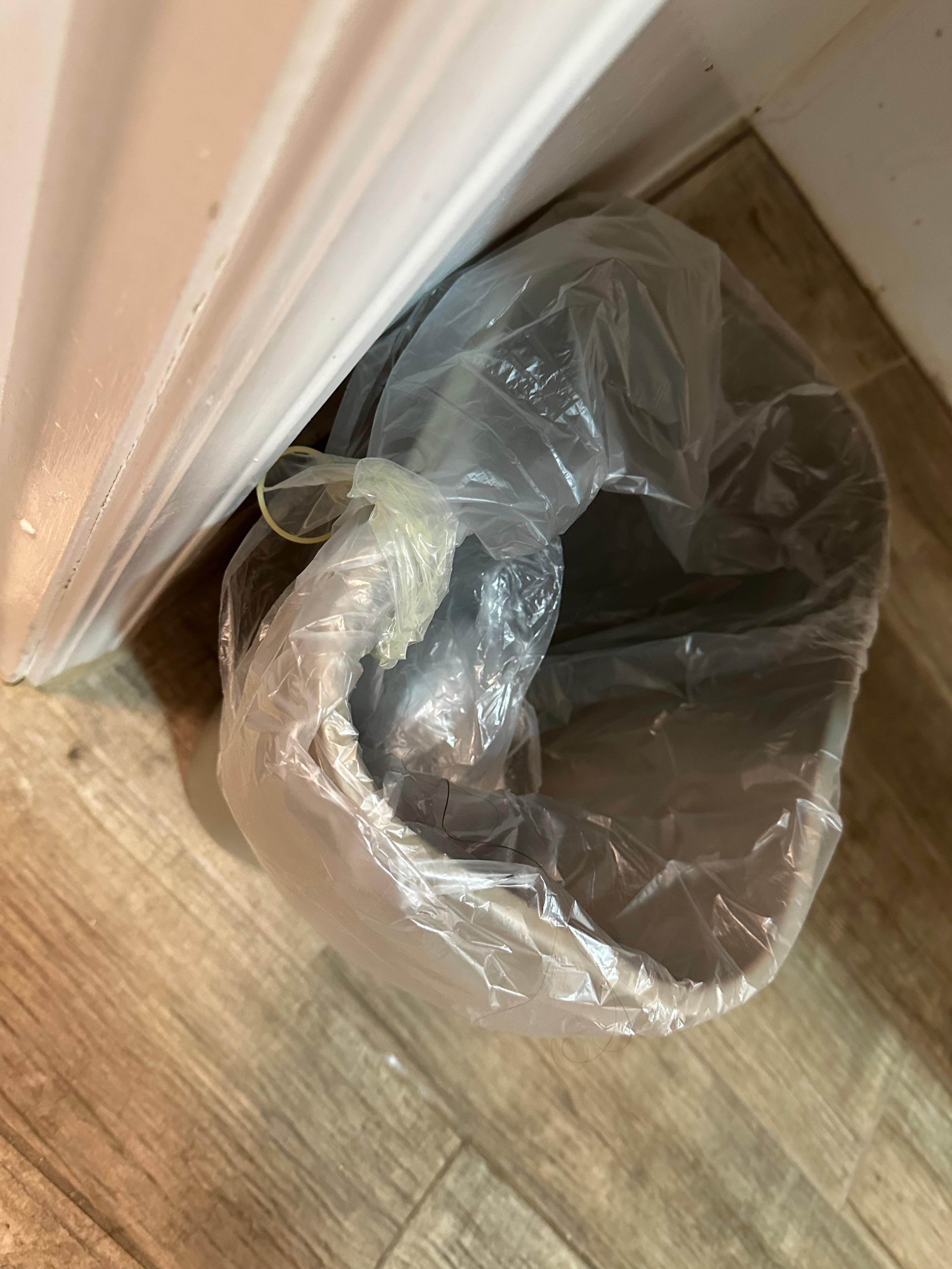 Used condom left in the trash. Discovered as I was getting ready that morning. 