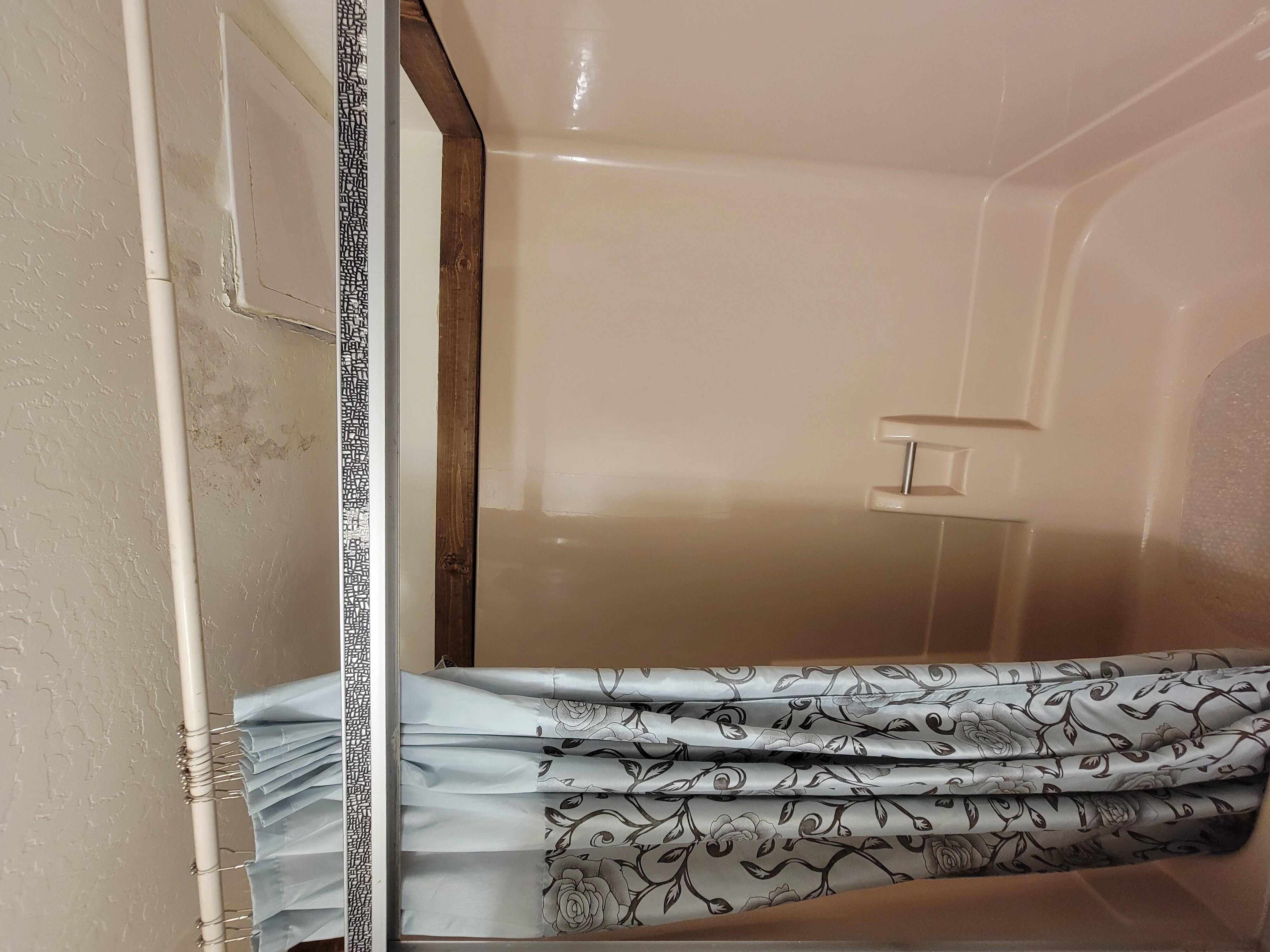 Mold in the shower and ceiling coming off.